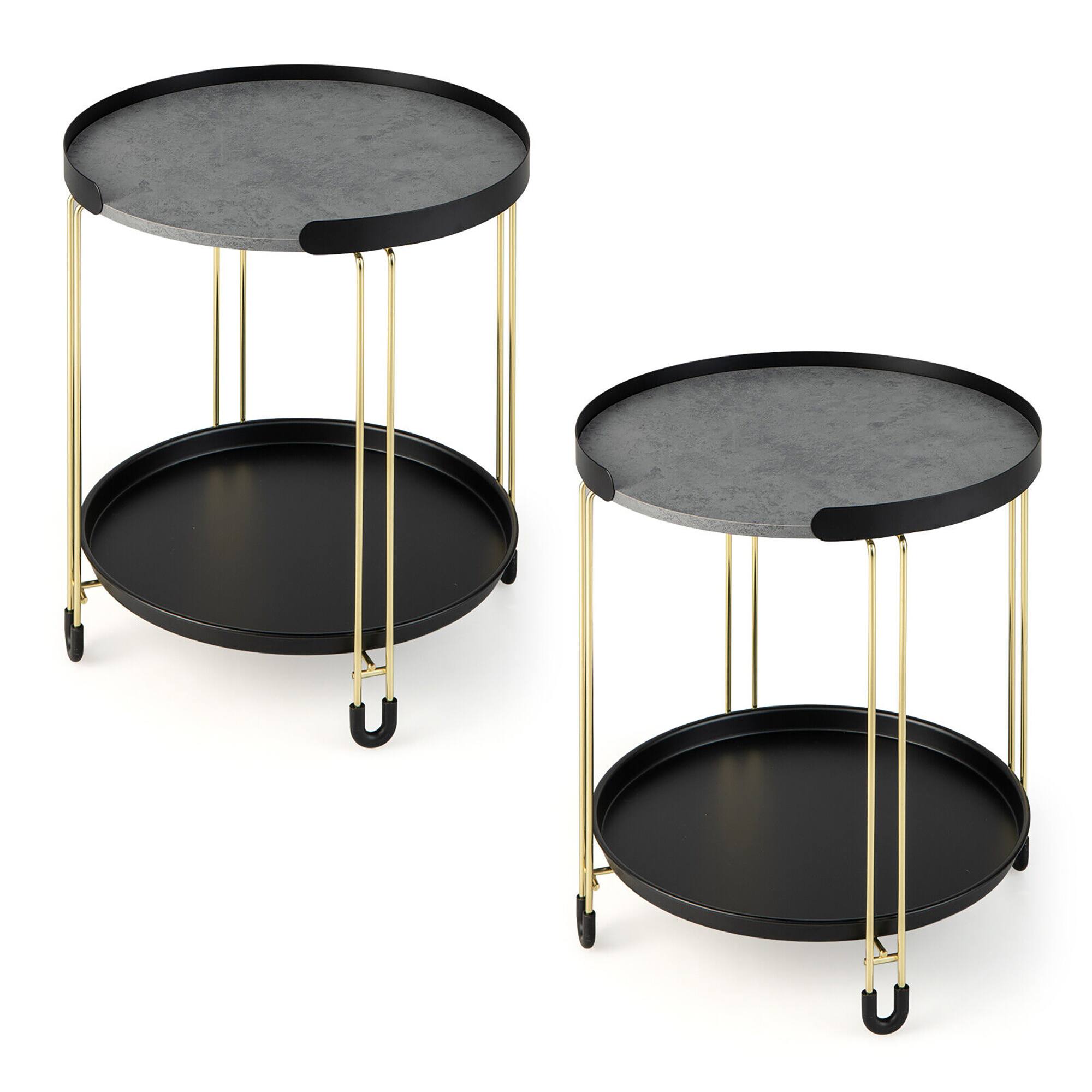 Alt View 9. Gymax - Gymax 2PCS 2-Tier Side End Table Round Nightstand Gold Frame for Living Room Bedroom - Black & Gold & Grey.