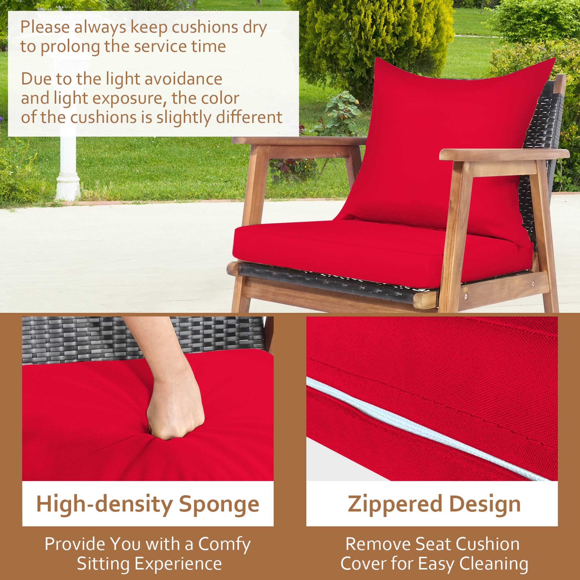 Please always keep cushions dry to prolong the service time. Due to the light avoidance and light exposure, the color of the cushions is slightly different. High-density Sponge. Provide You with a Comfy Sitting Experience. Zippered Design. Remove Seat Cushion Cover for Easy Cleaning.