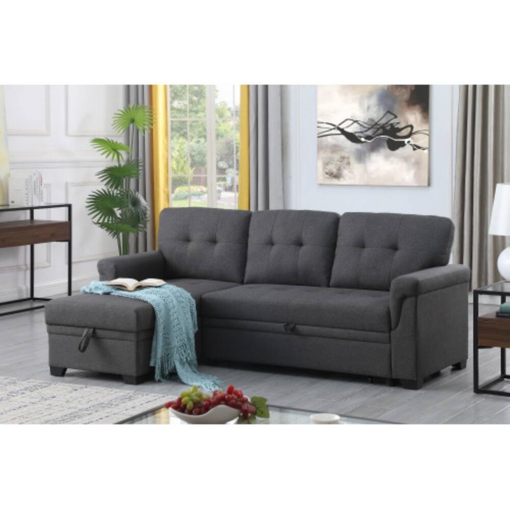 Front. LUCKY ONE - 84" Dark Gray Linen Reversible Sleeper Sectional Sofa with Storage Chaise, Pull-Out Bed, Space-Saving Design - Dark Gray.