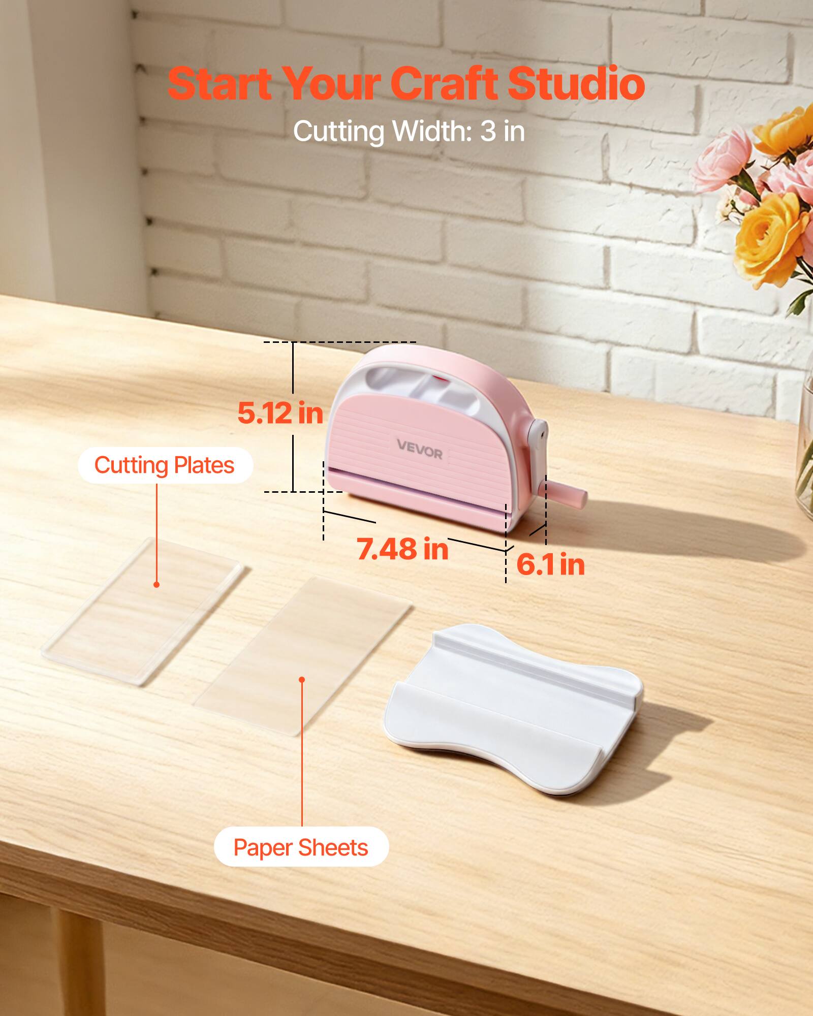 Start Your Craft Studio  
Cutting Width: 3 in  
Cutting Plates: 5.12 in x 7.48 in  
Paper Sheets: 6.1 in