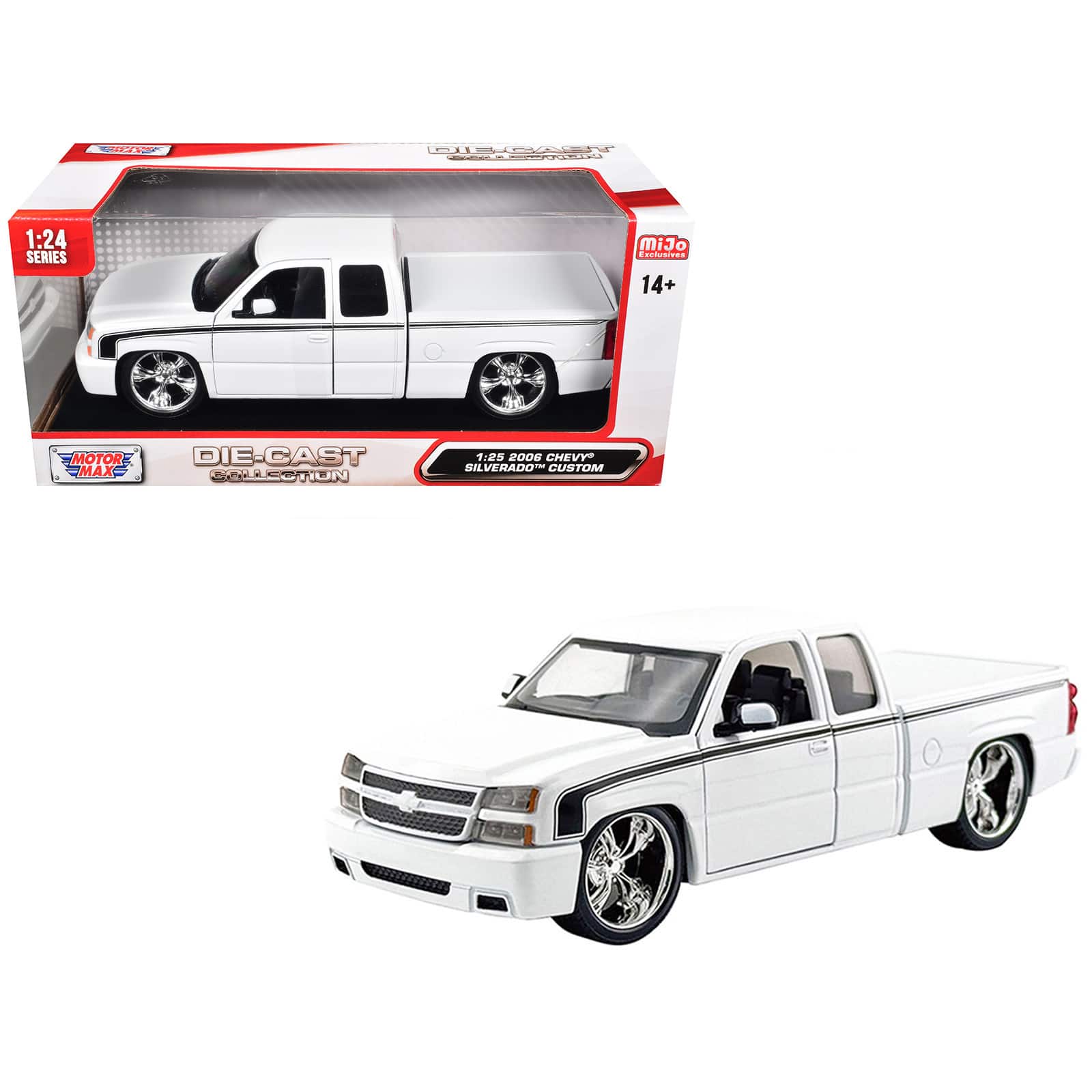 "2006 Chevrolet Silverado Custom Pickup Truck White with Black Stripes ""Die-Cast Collection"" Series 1/25 Car by Motormax" price history on PriceWatchPro