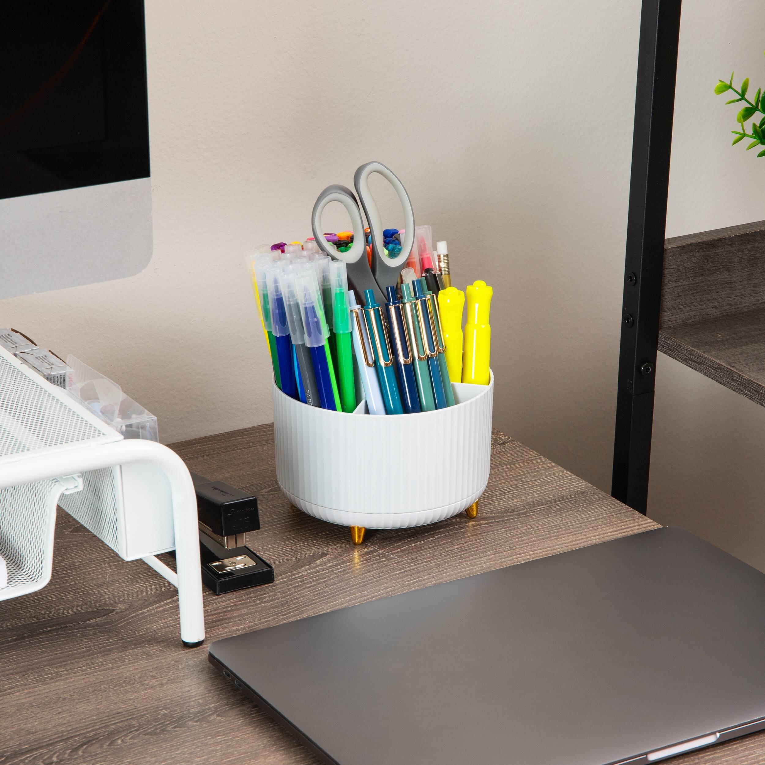 Alt View 4. Mind Reader - Rotating Pen Cup, 5-Compartment Accessory Holder for Desk Supplies, Desktop Organizer, Plastic - White.