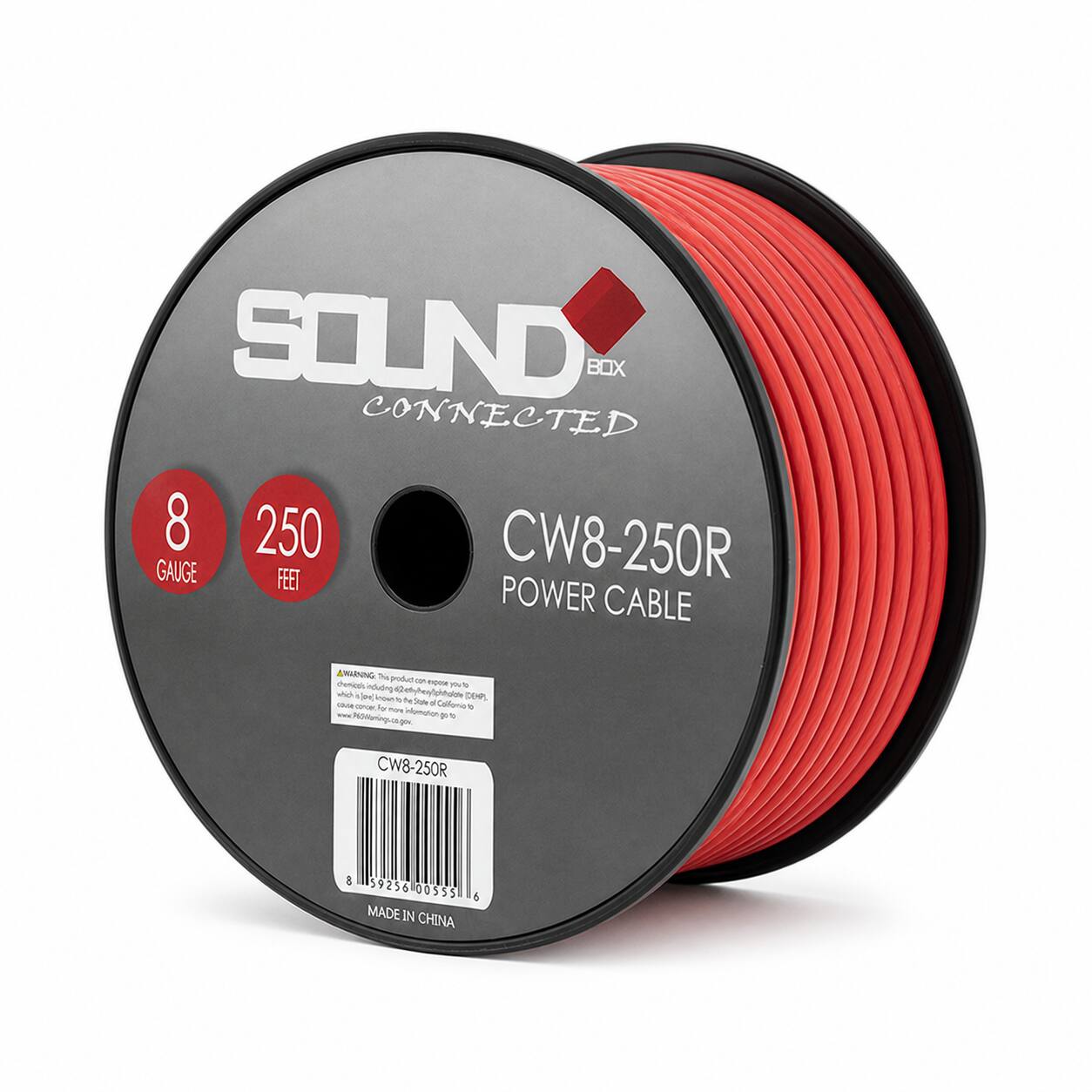 SOUND CONNECTED  
8 GAUGE  
250 FEET  
CW8-250R  
POWER CABLE  

WARNING: This product contains chemicals, including lead, which are known to the State of California to cause cancer and birth defects or other reproductive harm. Go to www.P65Warnings.ca.gov for more information.  

CW8-250R  
8 59256 00555 6  
MADE IN CHINA