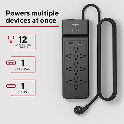 Powers multiple devices at once

- 12 AC GROUNDED OUTLETS
- 1 USB-A PORT
- 1 USB-C PORT