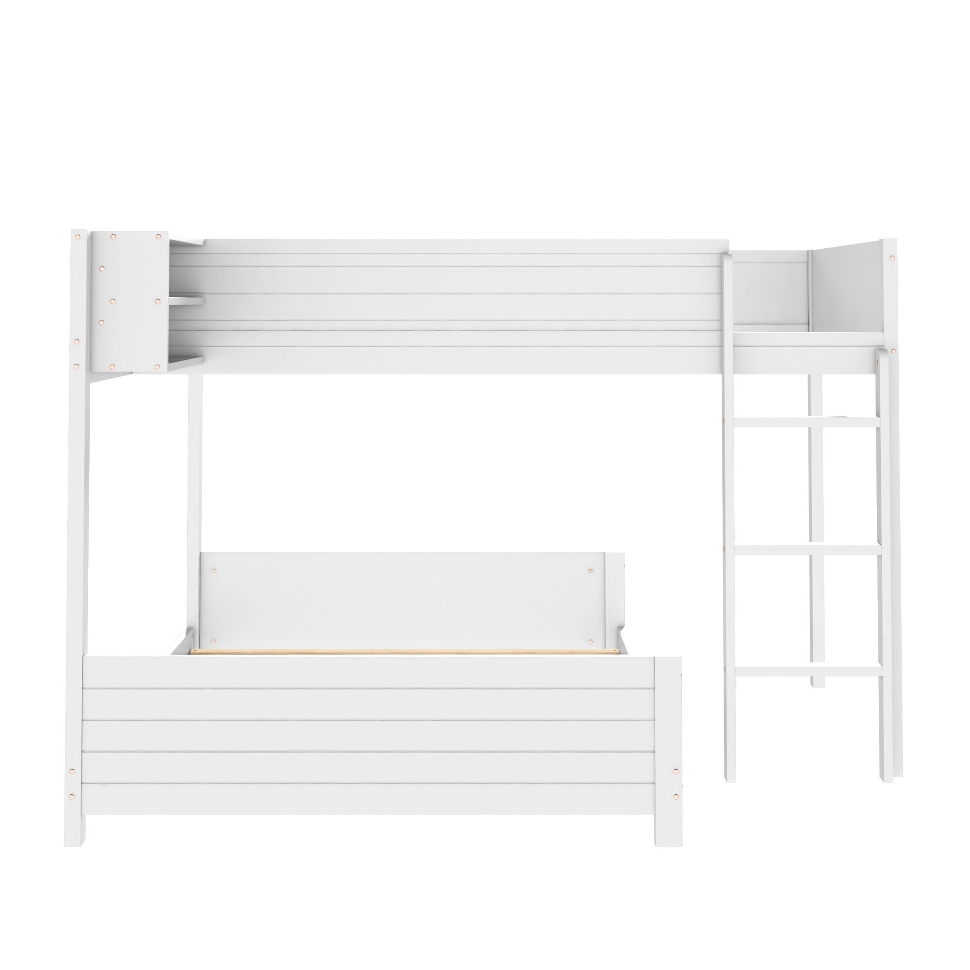 Back. Whisen - Full XL over Full XL Bunk Bed with Built-in Storage Shelf and 3-Step Ladder - White.