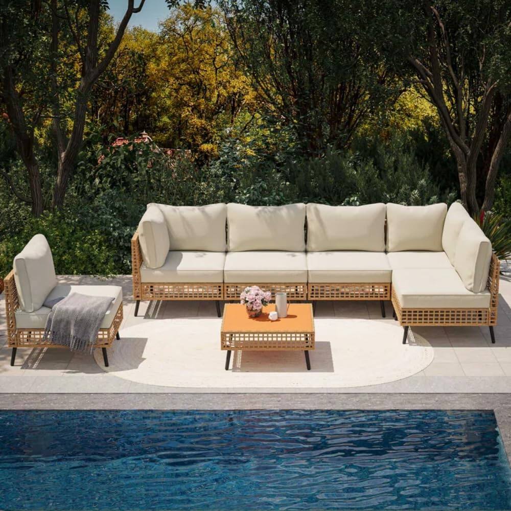 Left. Yardgrace - 7 Pieces Outdoor Sectional Sofa Set PE Wicker Rattan Patio Conversation Set with Cushions - Beige.