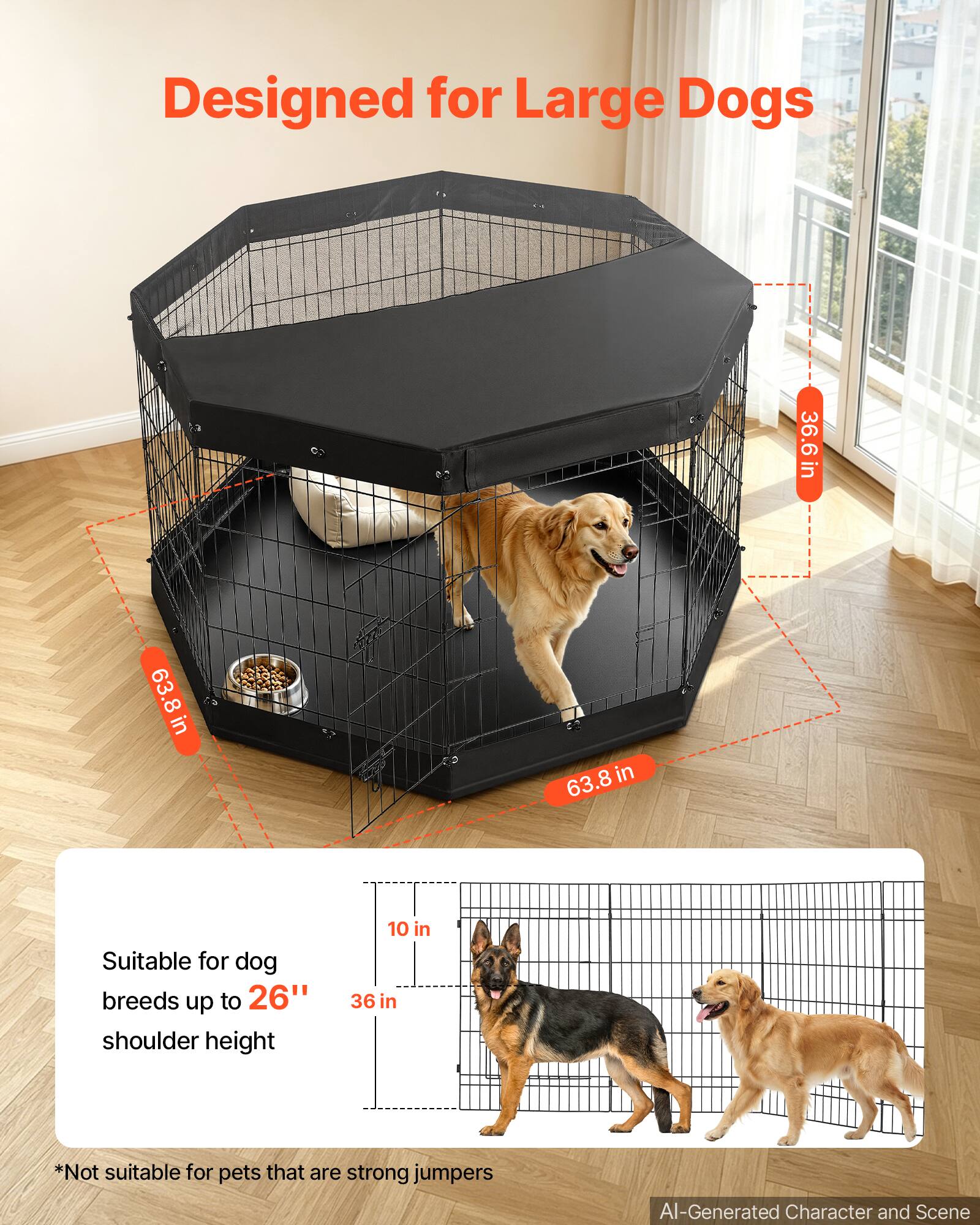 Designed for Large Dogs

36.6 in
63.8 in
63.8 in

Suitable for dog breeds up to 26" shoulder height

10 in
36 in

*Not suitable for pets that are strong jumpers

AI-Generated Character and Scene