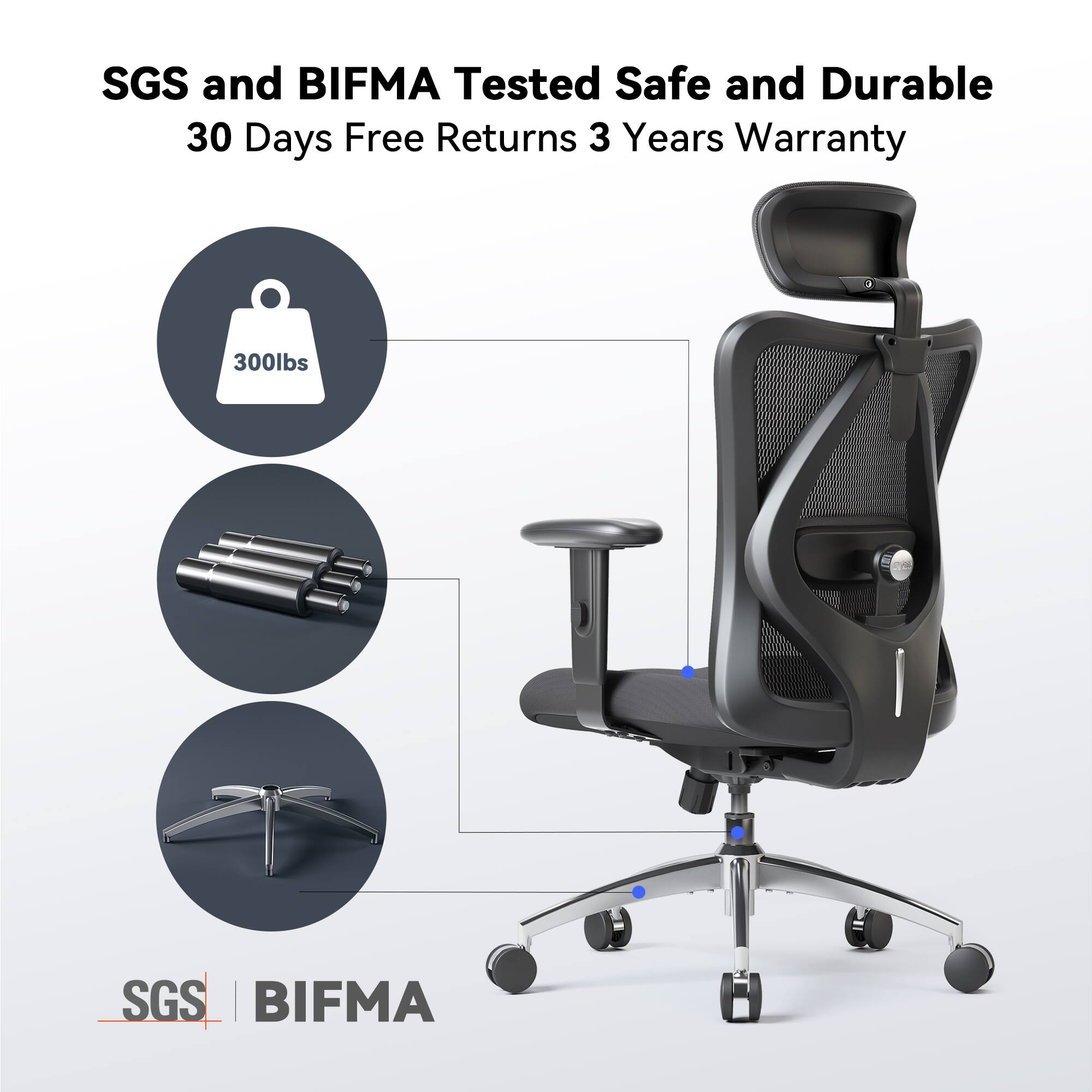 SGS and BIFMA Tested Safe and Durable, 30 Days Free Returns, 3 Years Warranty, 300lbs, SGS | BIFMA