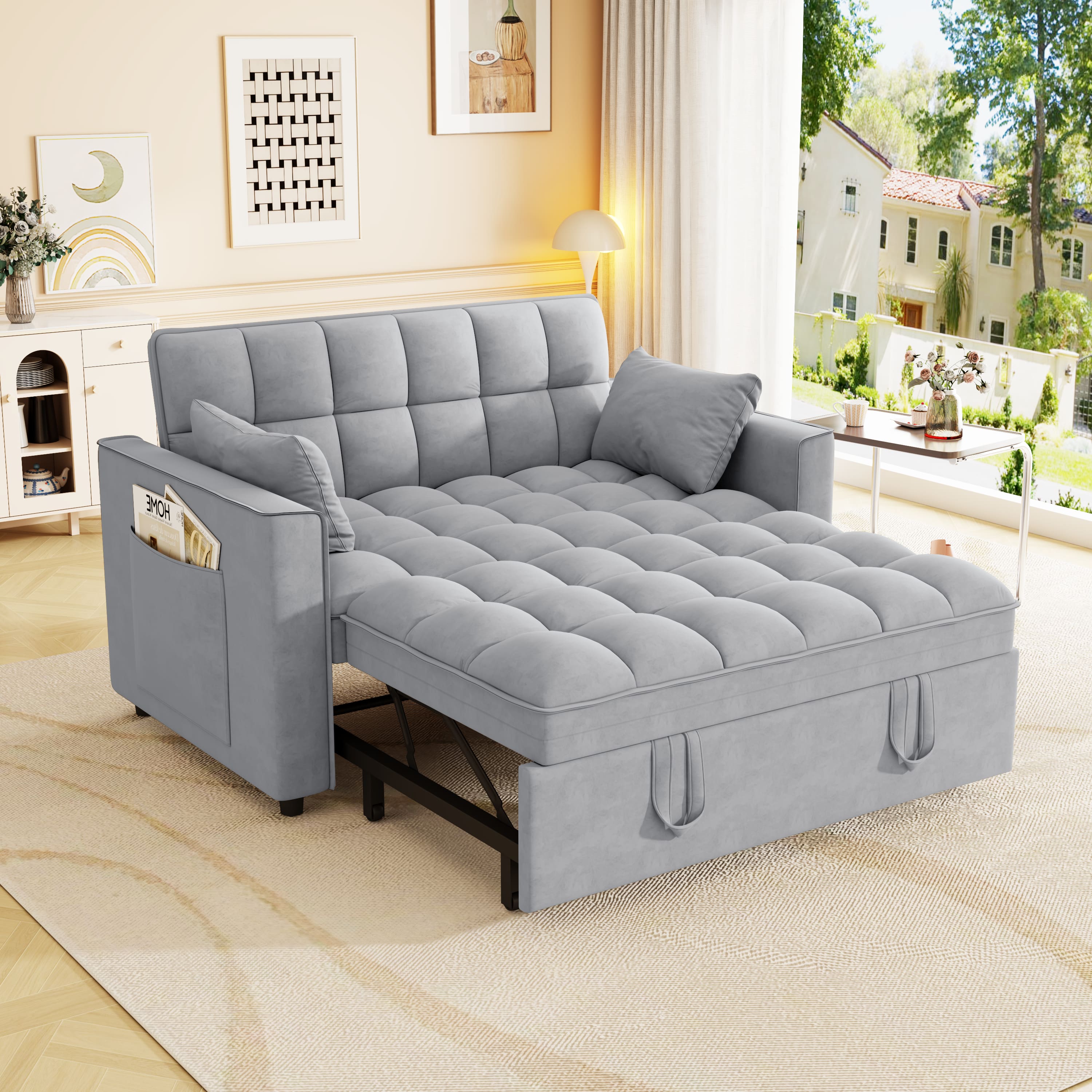 Anysun - Modern Velvet Convertible Sleeper Sofa Bed with Pull-Out Bed, Pillows & Side Pockets for Small Spaces - Light Gray