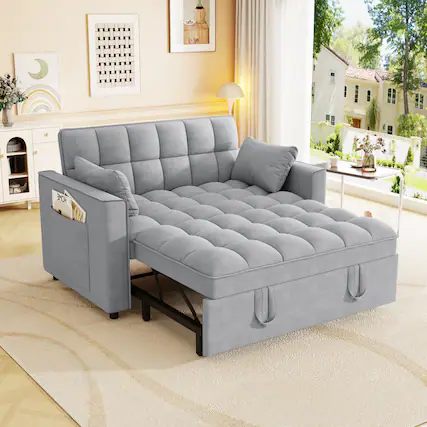 Front. Anysun - Modern Velvet Convertible Sleeper Sofa Bed with Pull-Out Bed, Pillows & Side Pockets for Small Spaces - Light Gray.
