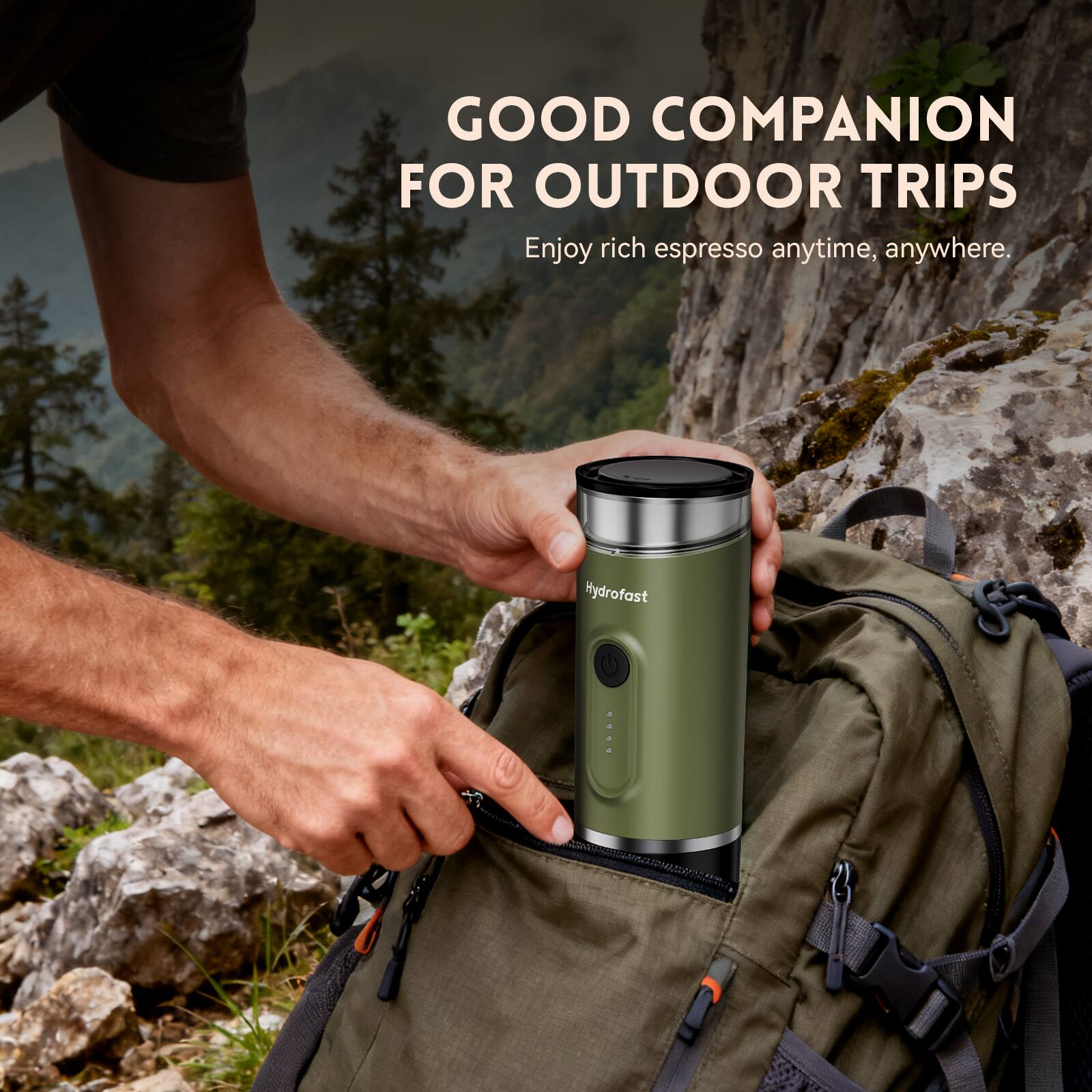 Alt View 6. Hydrofast - PO-100 Portable Espresso Maker, 20-Bar Pressure, 9600mAh, 2-in-1 Capsule & Ground Coffee, Wireless Heating, for Travel - Army Green.