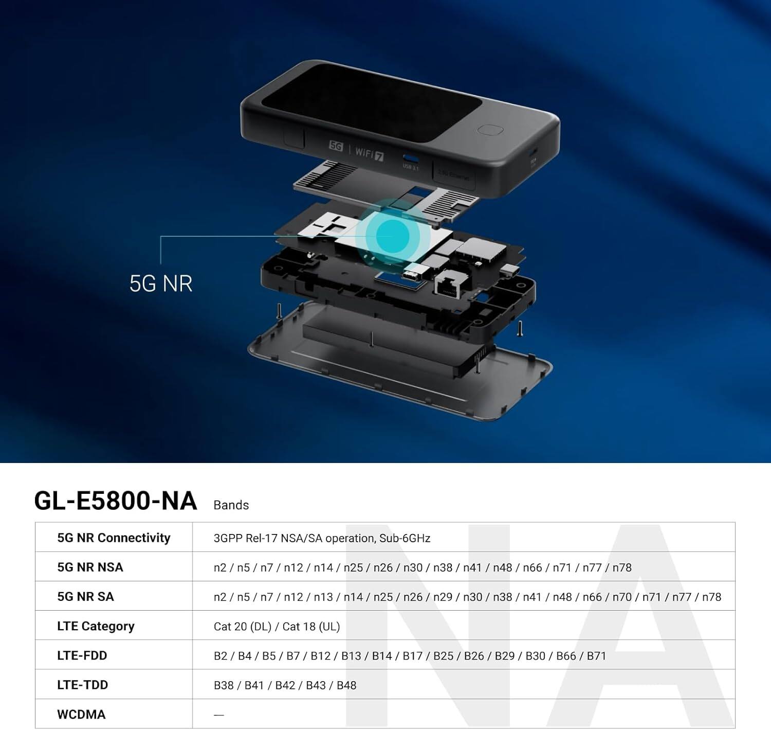 5G  
WiFi  
5G NR  
GL-E5800-NA Bands  
5G NR Connectivity  
3GPP Rel-17 NSA/SA operation, Sub-6GHz  
5G NR NSA  
n2 / n5 / n7 / n12 / n14 / n25 / n26 / n30 / n38 / n41 / n48 / n66 / n71 / n77 / n78  
5G NR SA  
n2 / n5 / n7 / n12 / n13 / n14 / n25 / n26 / n29 / n30 / n38 / n41 / n48 / n66 / n70 / n71 / n77 / n78  
LTE Category  
Cat 20 (DL) / Cat 18 (UL)  
LTE-FDD  
B2 / B4 / B5 / B7 / B12 / B13 / B14 / B17 / B25 / B26 / B29 / B30 / B66 / B71  
LTE-TDD  
