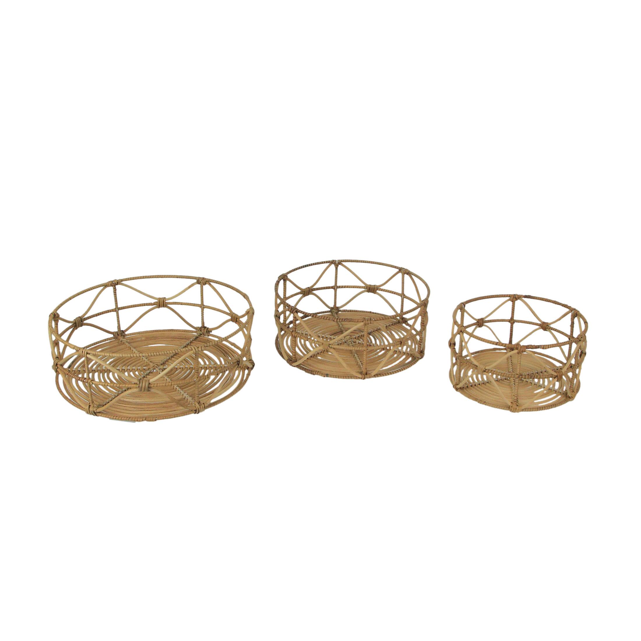 Alt View 1. PD Home & Garden - Set of 3 Metal and Rattan Nesting Round Basket Trays - Brown.