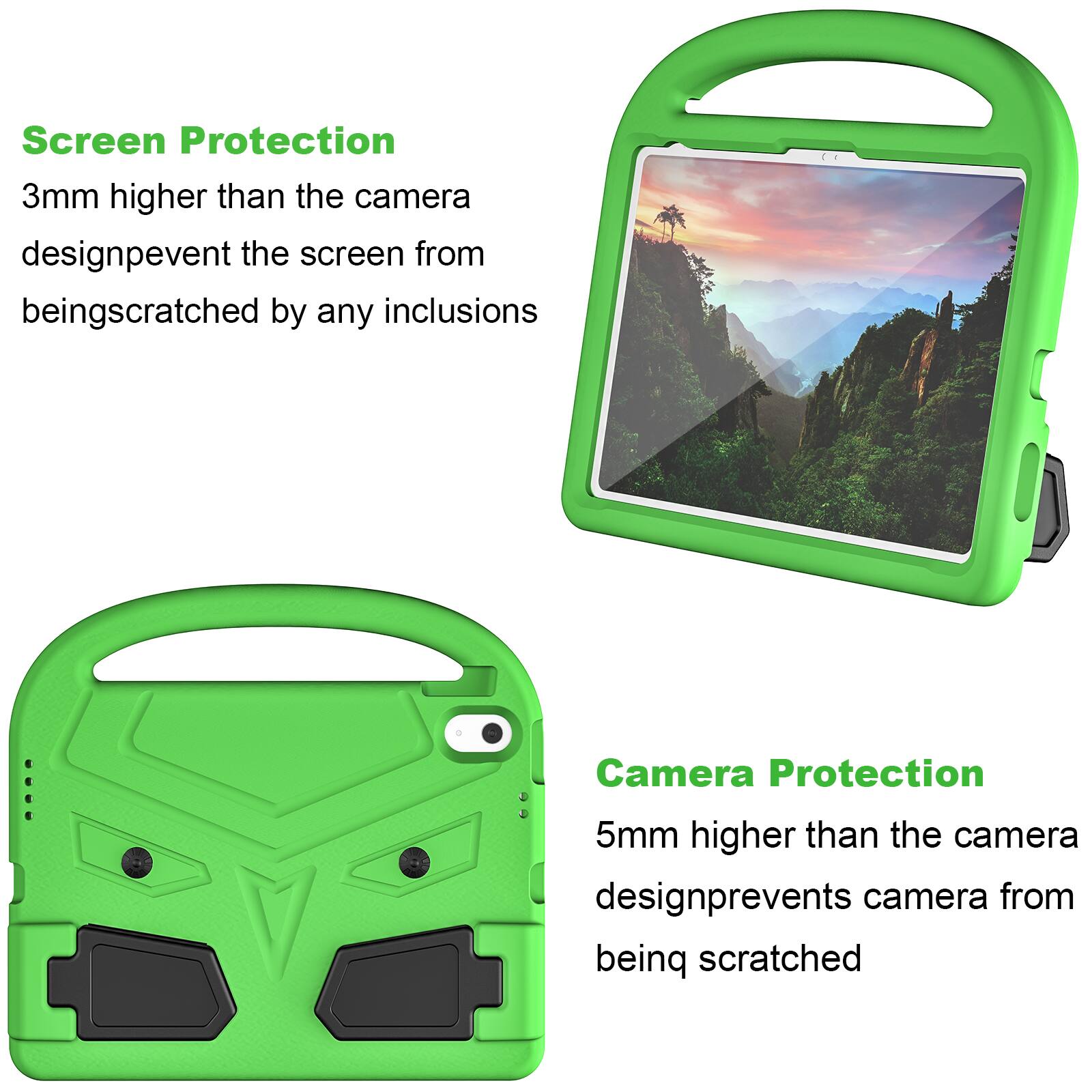Screen Protection  
3mm higher than the camera design prevents the screen from being scratched by any inclusions  

Camera Protection  
5mm higher than the camera design prevents the camera from being scratched