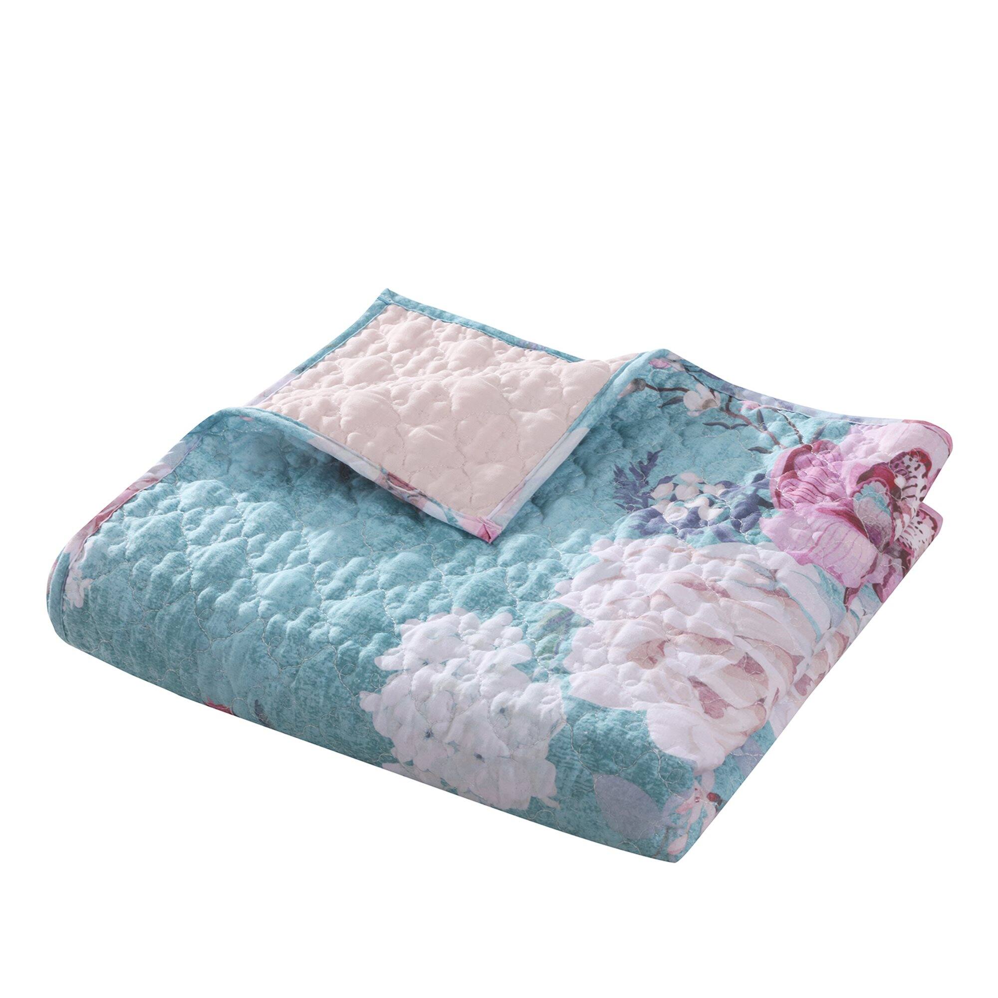 Angle. Barefoot Bungalow - Greenland Home Fashions Barefoot Bungalow Avril Floral Throw Blanket, Turquoise Blue - Turquoise blue.