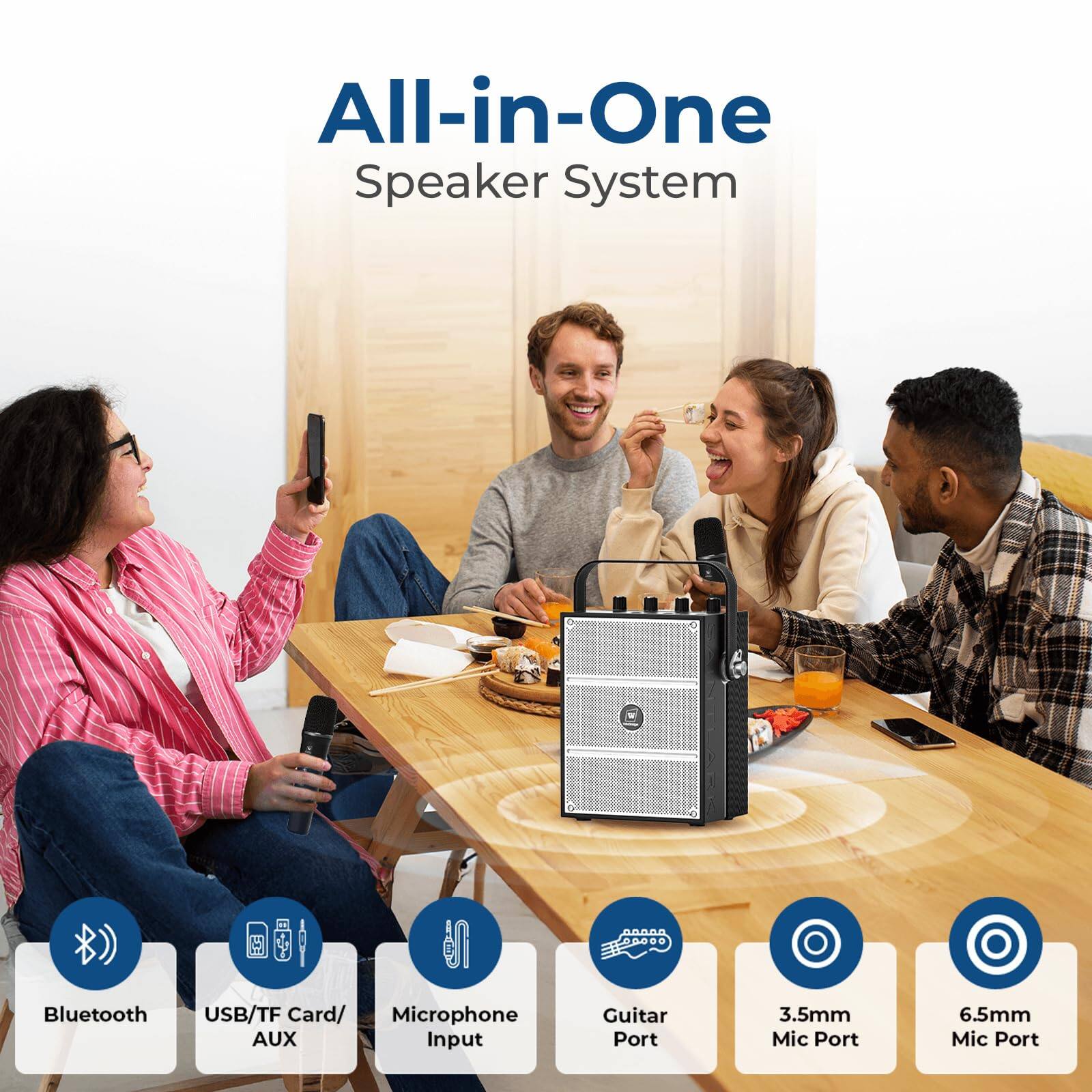 All-in-One Speaker System

- Bluetooth
- USB/TF Card/AUX
- Microphone Input
- Guitar Port
- 3.5mm Mic Port
- 6.5mm Mic Port