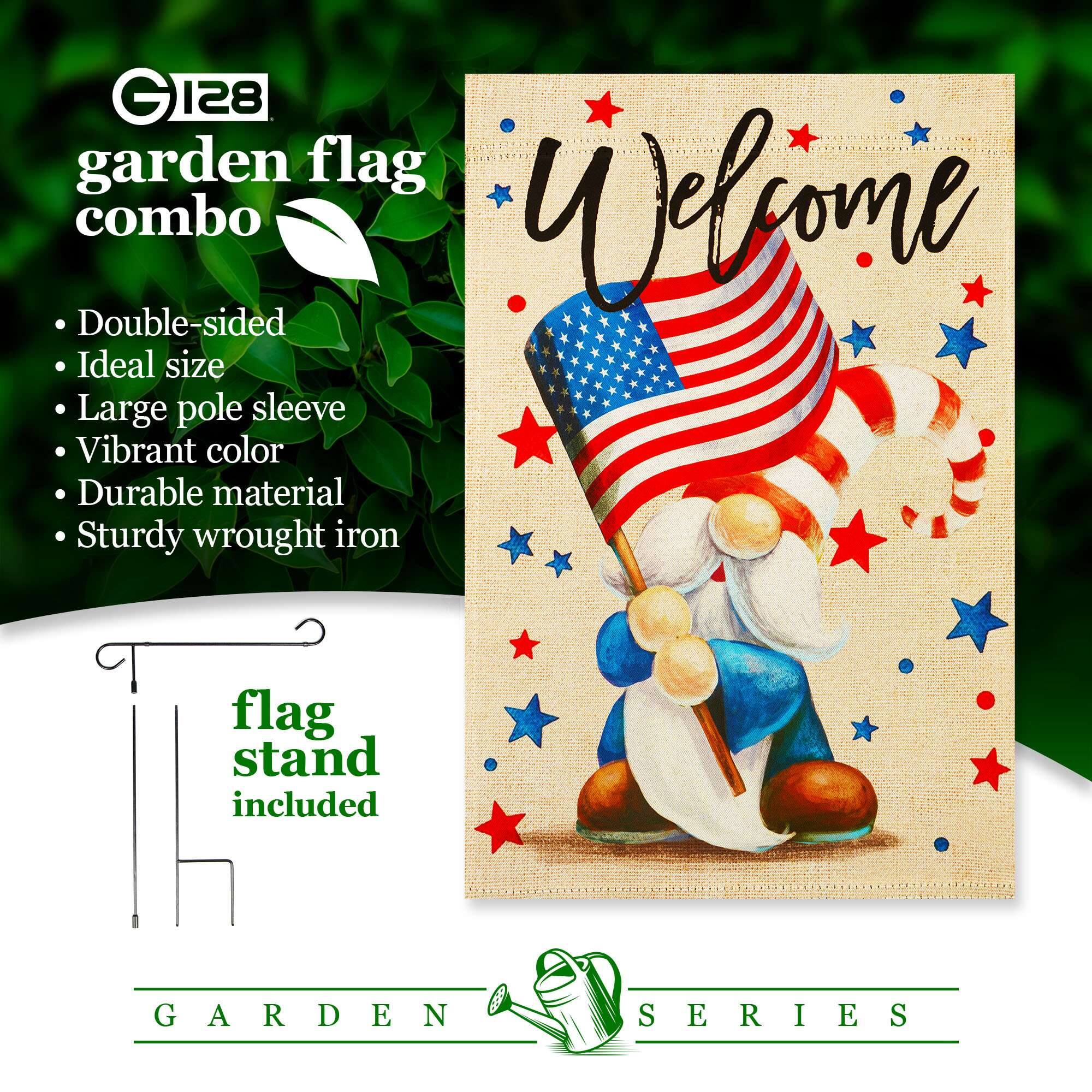 GI28 garden flag combo  
Welcome  
Double-sided  
Ideal size  
Large pole sleeve  
Vibrant color  
Durable material  
Sturdy wrought iron flag stand included  
GARDEN SERIES