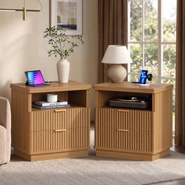 Bestier - Nightstands Set of 2 with Charging Station Drawer Fluted End Table with Open Shelf - Brown Oak