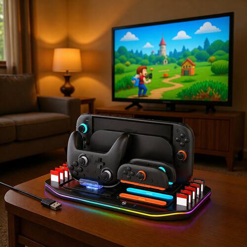 Back. Sonicgrace - Charging Dock & Storage Station for Switch 2, 2 Joy‑Con + 1 NS2 Pro Controller Charging, 12 Game Slots, 9 RGB, USB‑C - black.