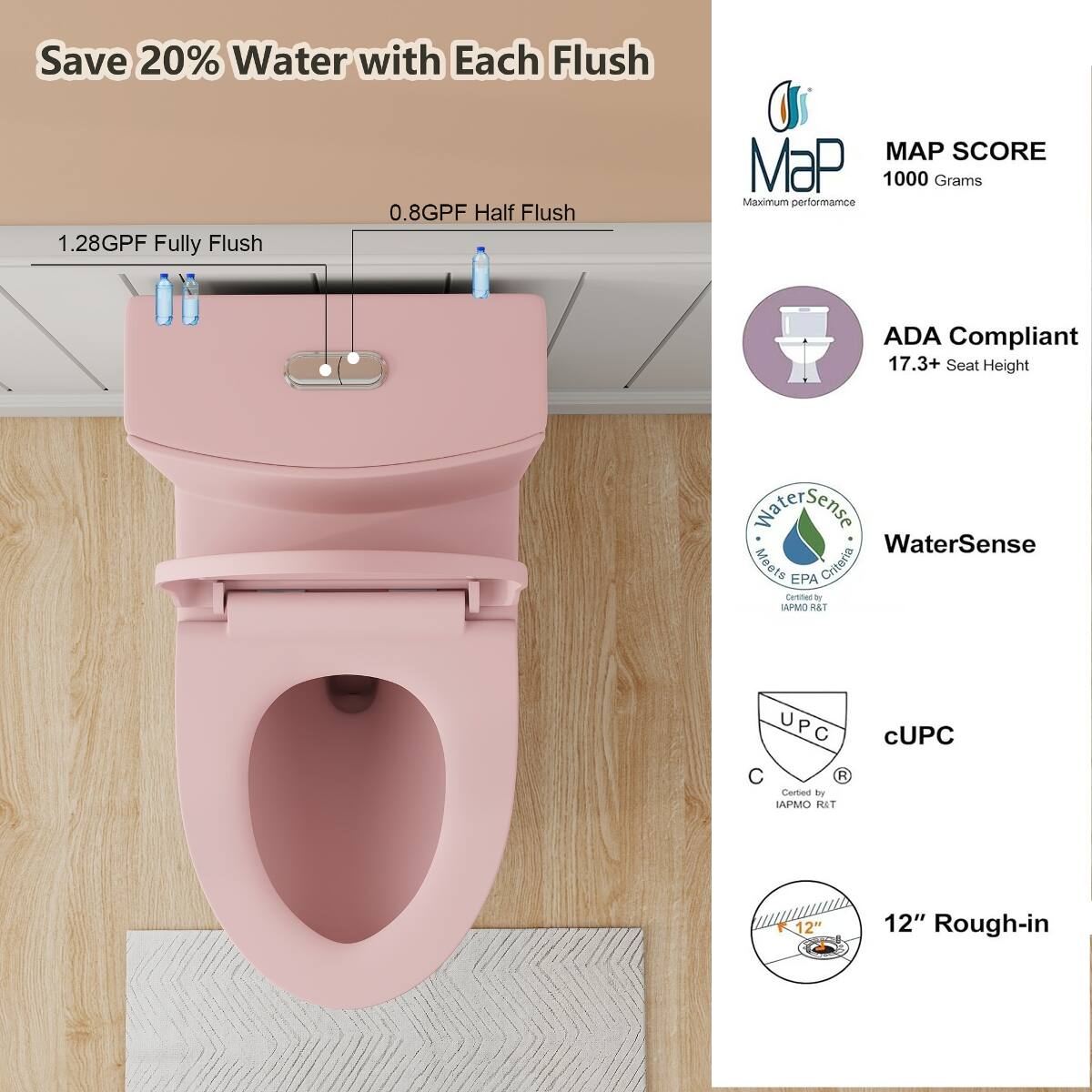 Save 20% Water with Each Flush

1.28GPF Fully Flush
0.8GPF Half Flush

MAP SCORE
MaP 1000 Grams Maximum performance

ADA Compliant
17.3+ Seat Height

WaterSense
Meets EPA Criteria
Certified by IAPMO R&T

cUPC
Certified by IAPMO R&T

12" Rough-in
