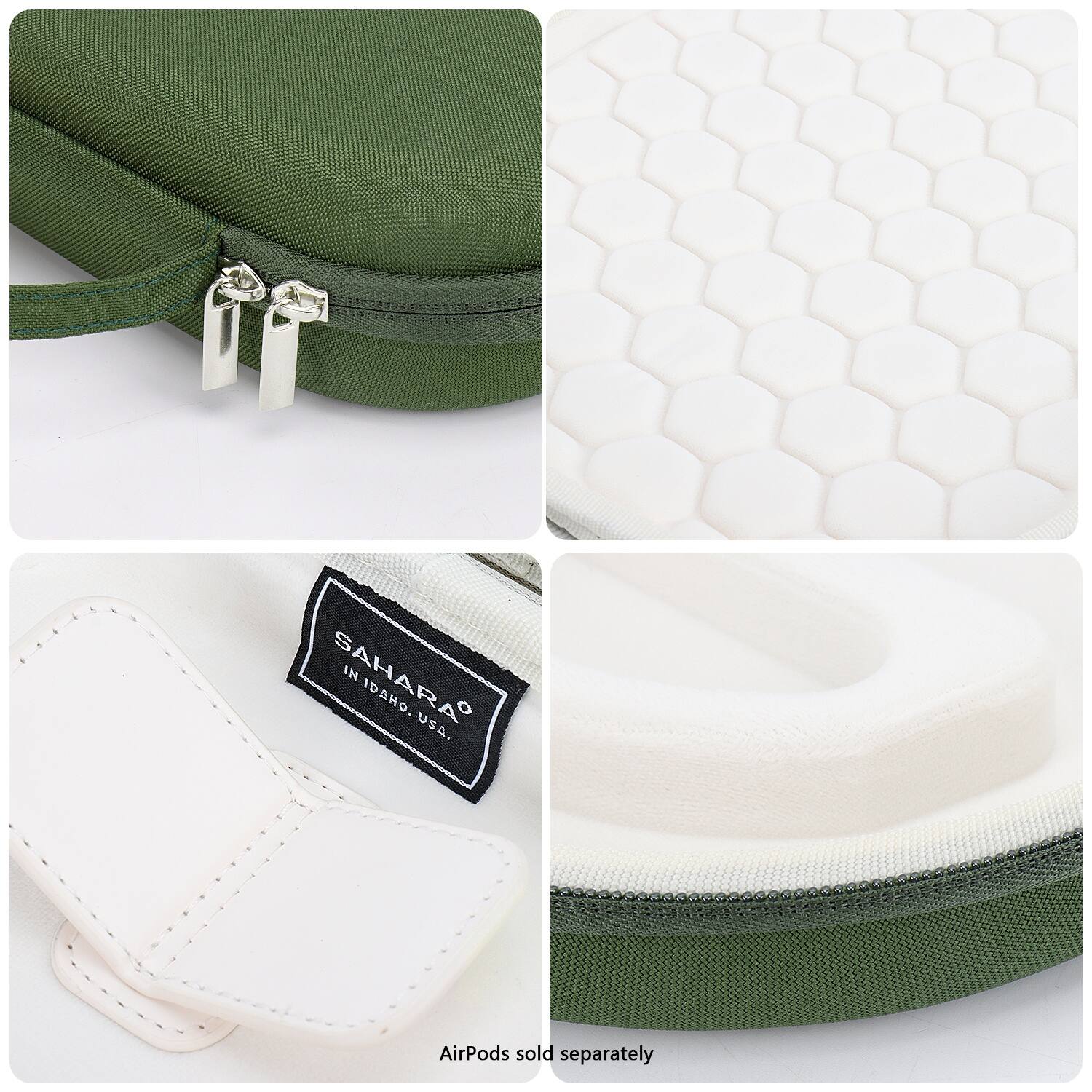 The image features a green case with a white interior, which is designed to hold AirPods. The case has a zipper and a tag that reads "Sahara." The case is shown in different angles and with the zipper open, revealing the white interior. The text "AirPods sold separately" is also present in the image, indicating that the AirPods are not included in the case.