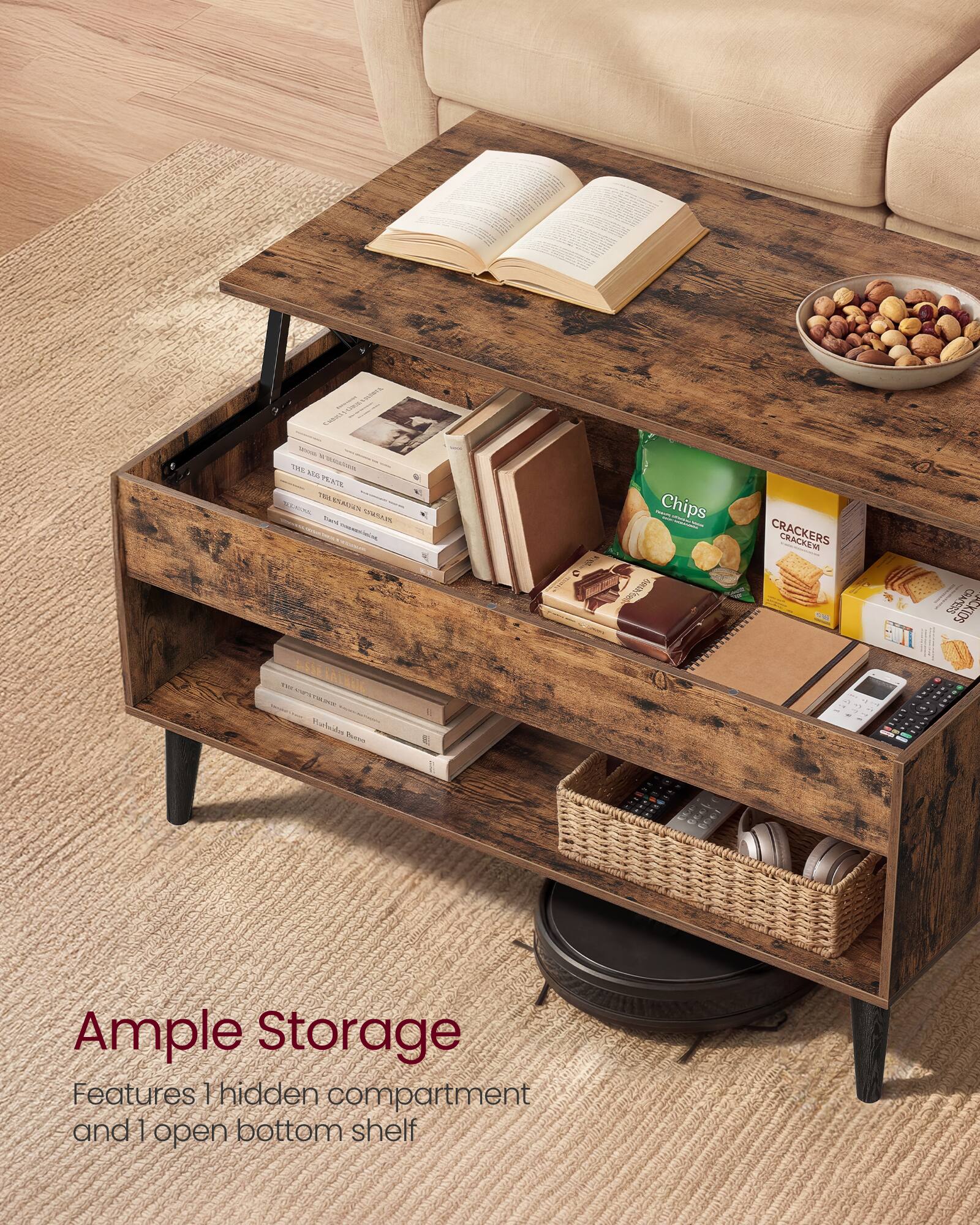 Ample Storage  
Features 1 hidden compartment and 1 open bottom shelf
