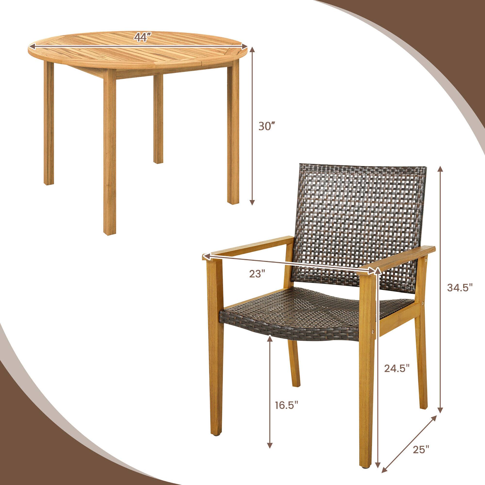 44" (diameter of the table)  
30" (height of the table)  
23" (width of the chair seat)  
34.5" (height of the chair)  
24.5" (depth of the chair)  
16.5" (width of the chair back)  
25" (depth of the chair)