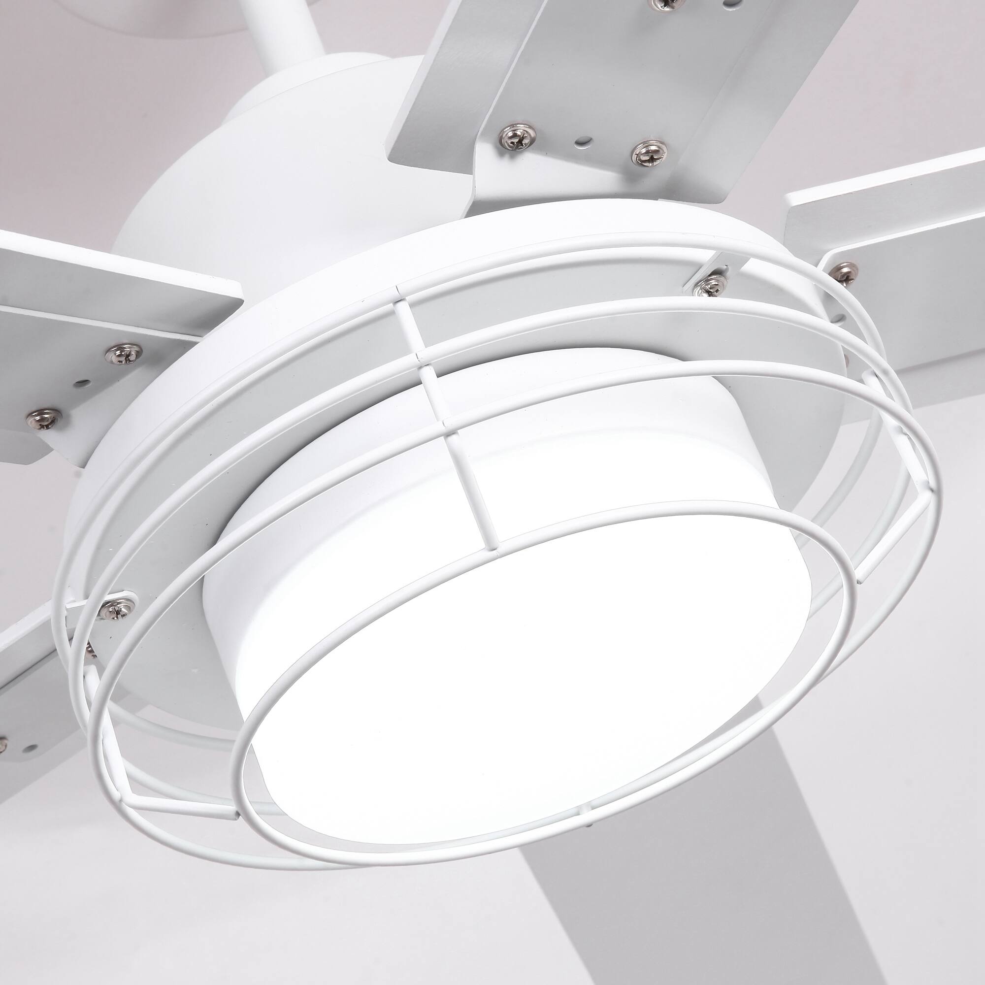 Alt View 2. Parrot Uncle - 52" Industrial White Metal Caged Ceiling Fan with Light and Remote - White.