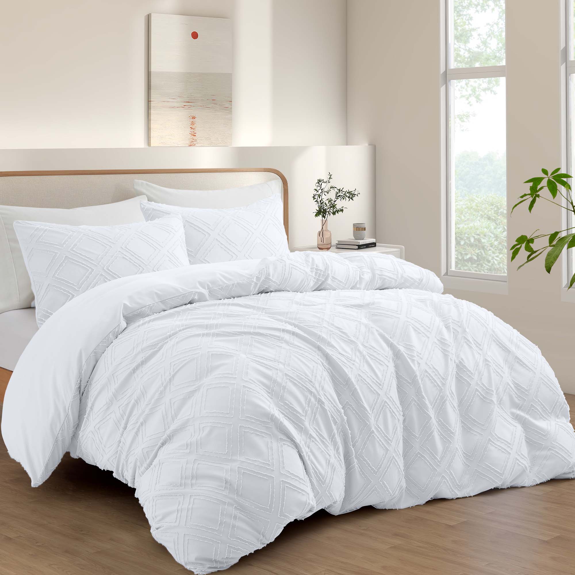 Angle. Peace Nest - Peace Nest Tufted Clipped Jacquard Geometric Duvet Cover & Pillowcase Set - Square White.