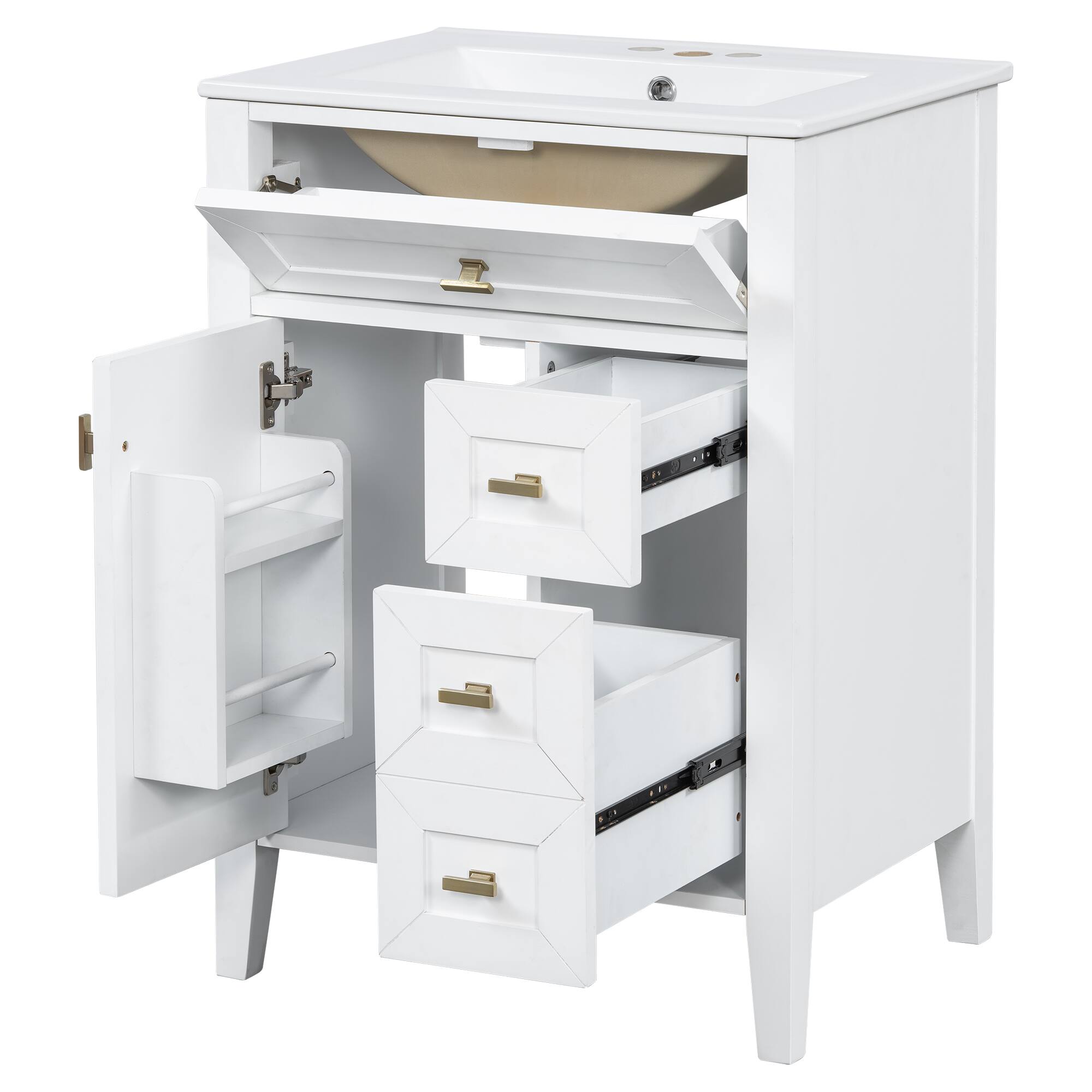 Alt View 1. Whisen - 24-Inch Freestanding Bathroom Vanity with Ceramic Sink, 3 Drawers & 2 Door Storage Rack - White.