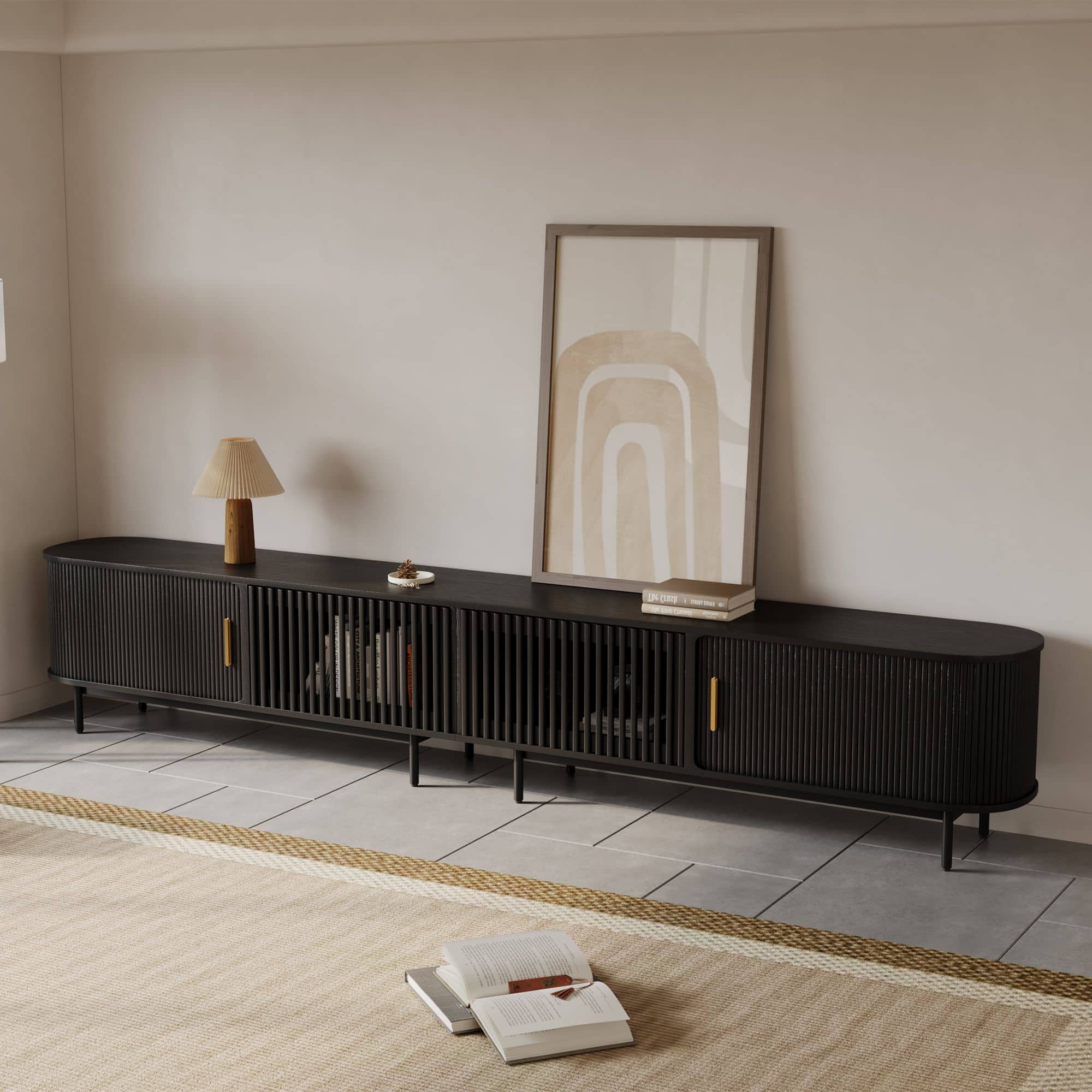 POVISON - 118"Mid-Century Modern Tambour Door TV Stand - Black