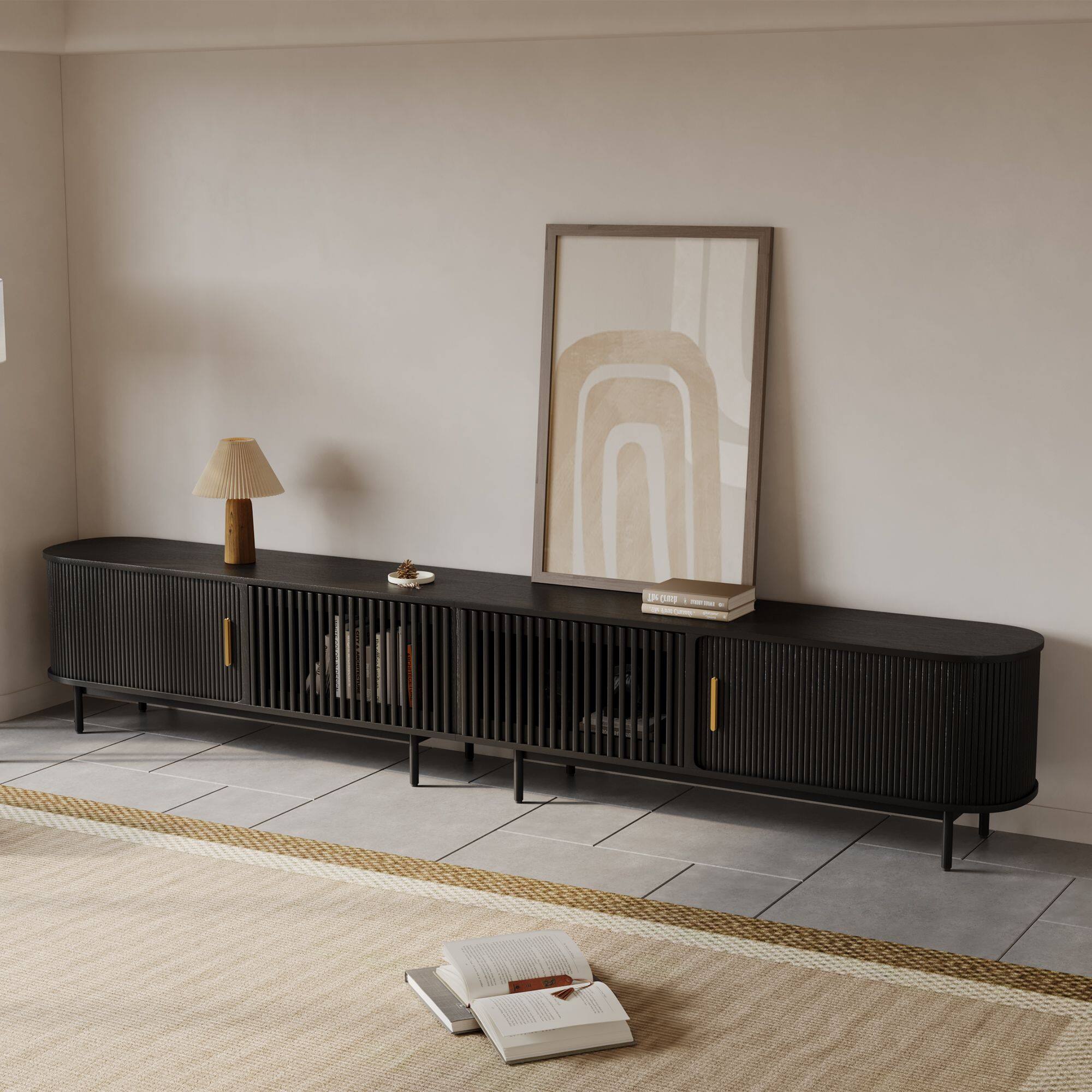 Front. POVISON - 118"Mid-Century Modern Tambour Door TV Stand - Black.