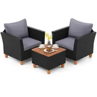 Costway 3 PCS Patio Rattan Furniture Set Cushioned Sofa Storage Table with Wood Top - Gray - Front_Zoom