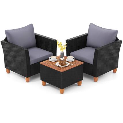 Front. Costway - 3 PCS Patio Rattan Furniture Set Cushioned Sofa Storage Table with Wood Top - Gray.