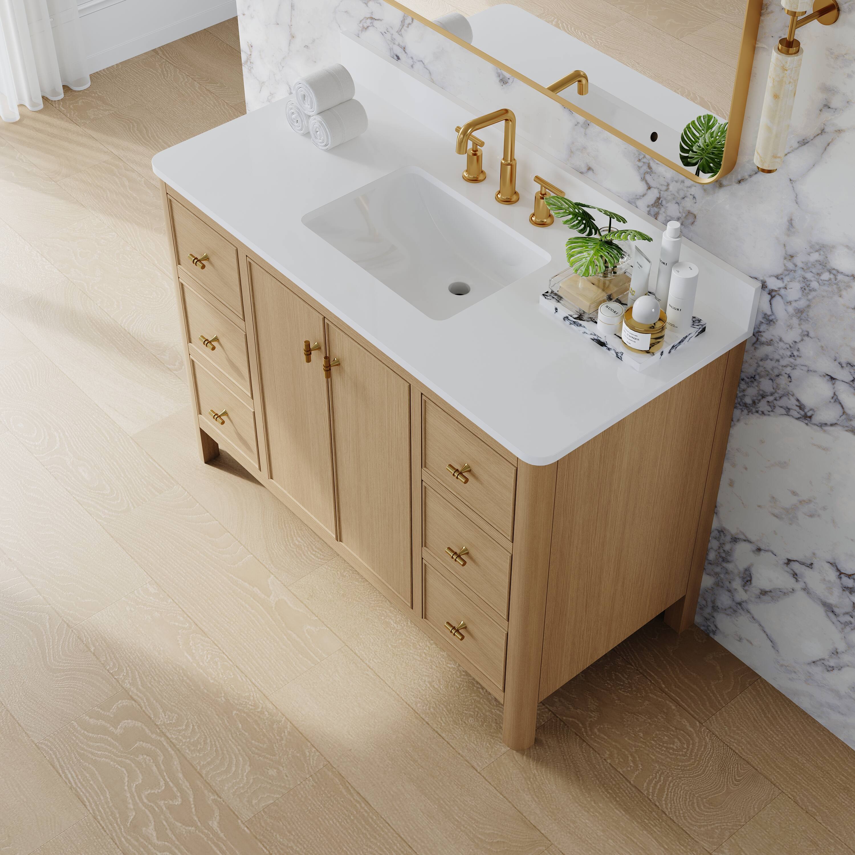 Angle. WELLFOR - LORIN 48 in. Solid Wood Bath Vanity with Quartz Top, Single Sink, Soft Close, Assembled - OAK.