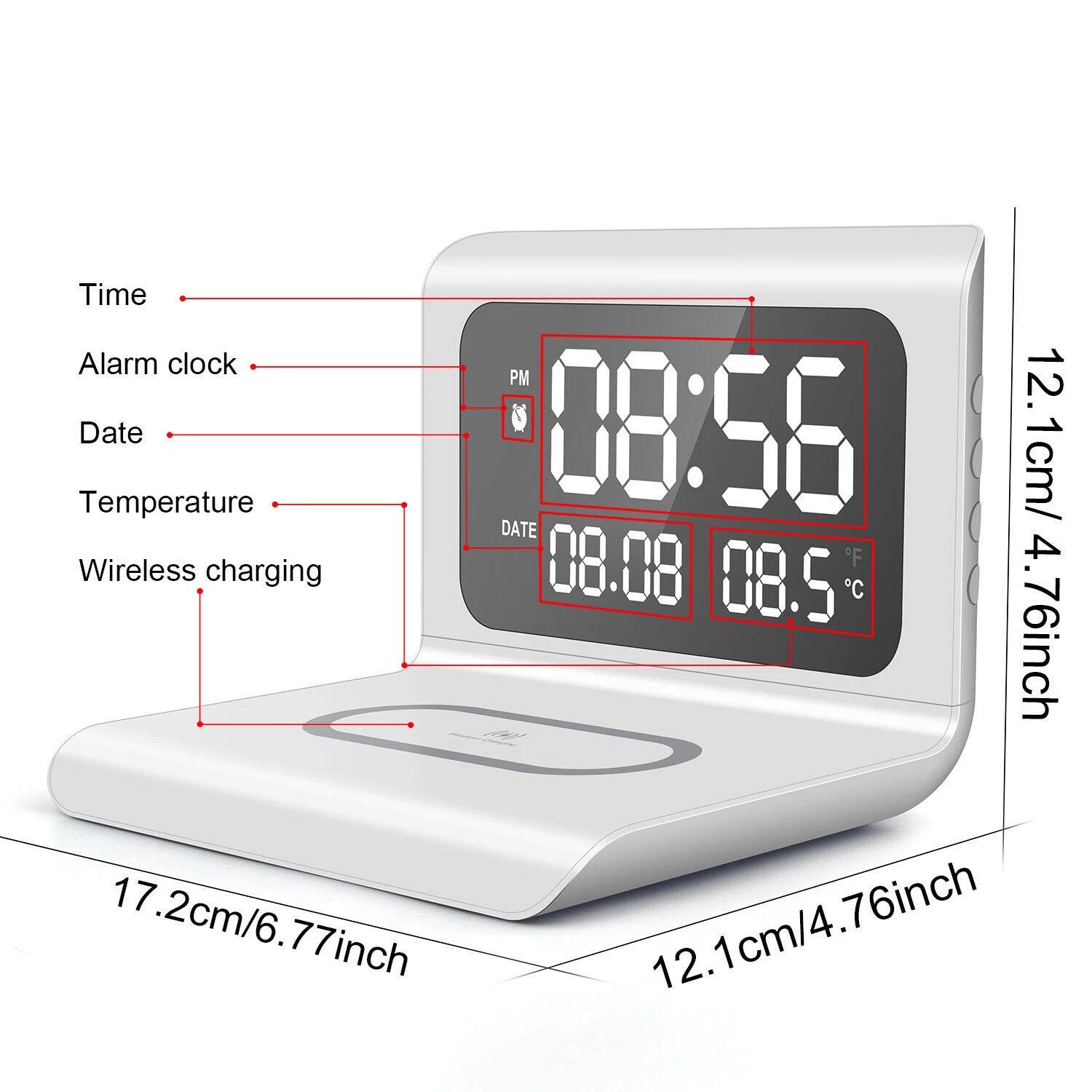 - Time: 08:56
- Alarm clock: PM
- Date: 08.08
- Temperature: 08.5°C / 47.3°F
- Wireless charging
- Dimensions: 17.2cm/6.77inch (length) x 12.1cm/4.76inch (width)