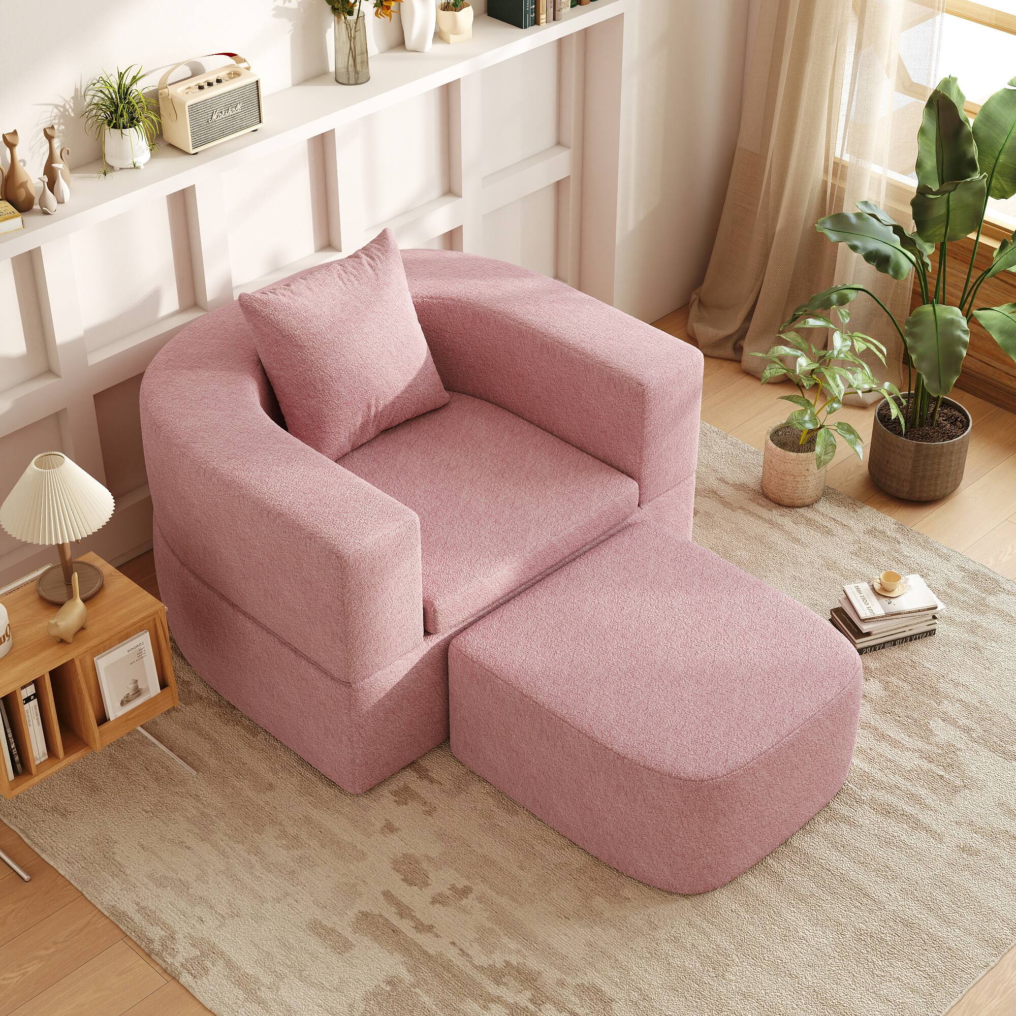 Alt View 9. Yardgrace - Boneless Sofa Chair Lounge Chair for Living Room, Modern Convertible Upholstered Sofa, Comfy Sherpa Leisure Couch - Pink.