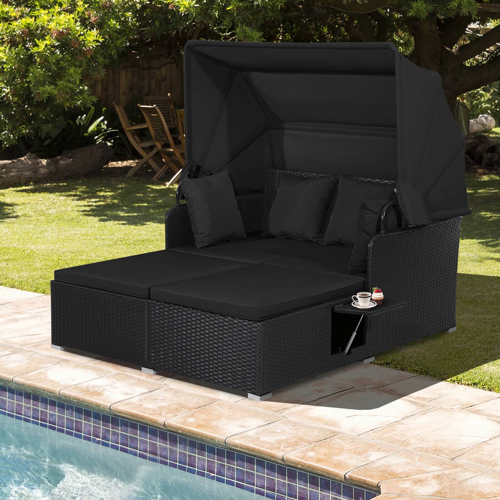 Alt View 4. Costway - Costway Patio Rattan Daybed Lounge Retractable Top Canopy Side Tables Cushions - Mix Gray + Gray.