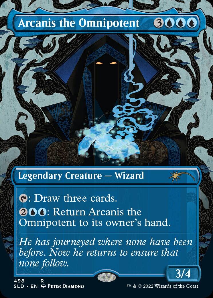 Arcanis the Omnipotent  
3/4  
Legendary Creature - Wizard  

3: Draw three cards.  
2: Return Arcanis the Omnipotent to its owner's hand.  

He has journeyed where none have been before. Now he returns to ensure that none follow.  

498  
R  
SLD • EN  
Peter Diamond  
TM & © 2022 Wizards of the Coast