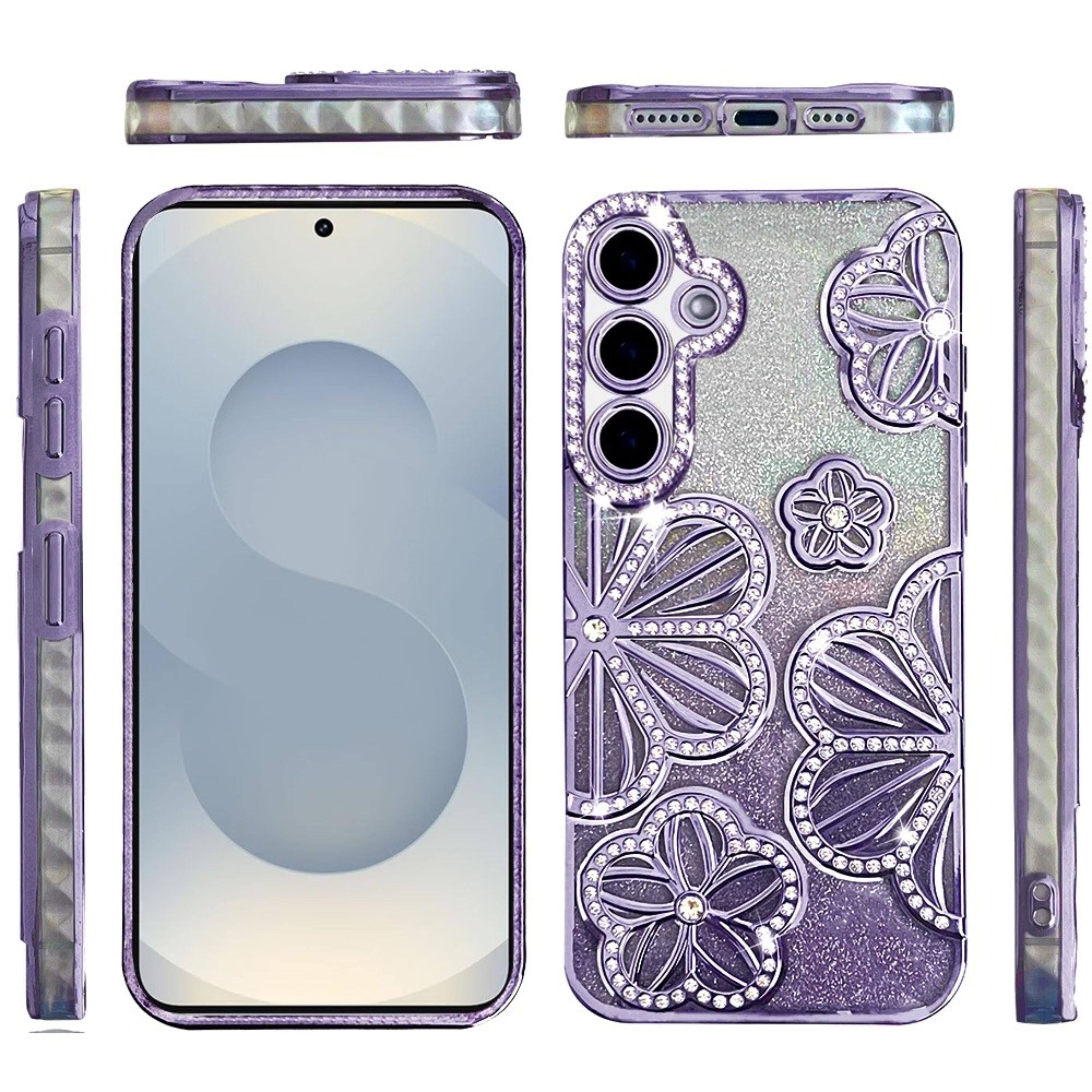 Left. Kitcheniva - 3D Floral Glitter Bling Case With Tempered Glass For Samsung S26 Ultra Purple - Purple.
