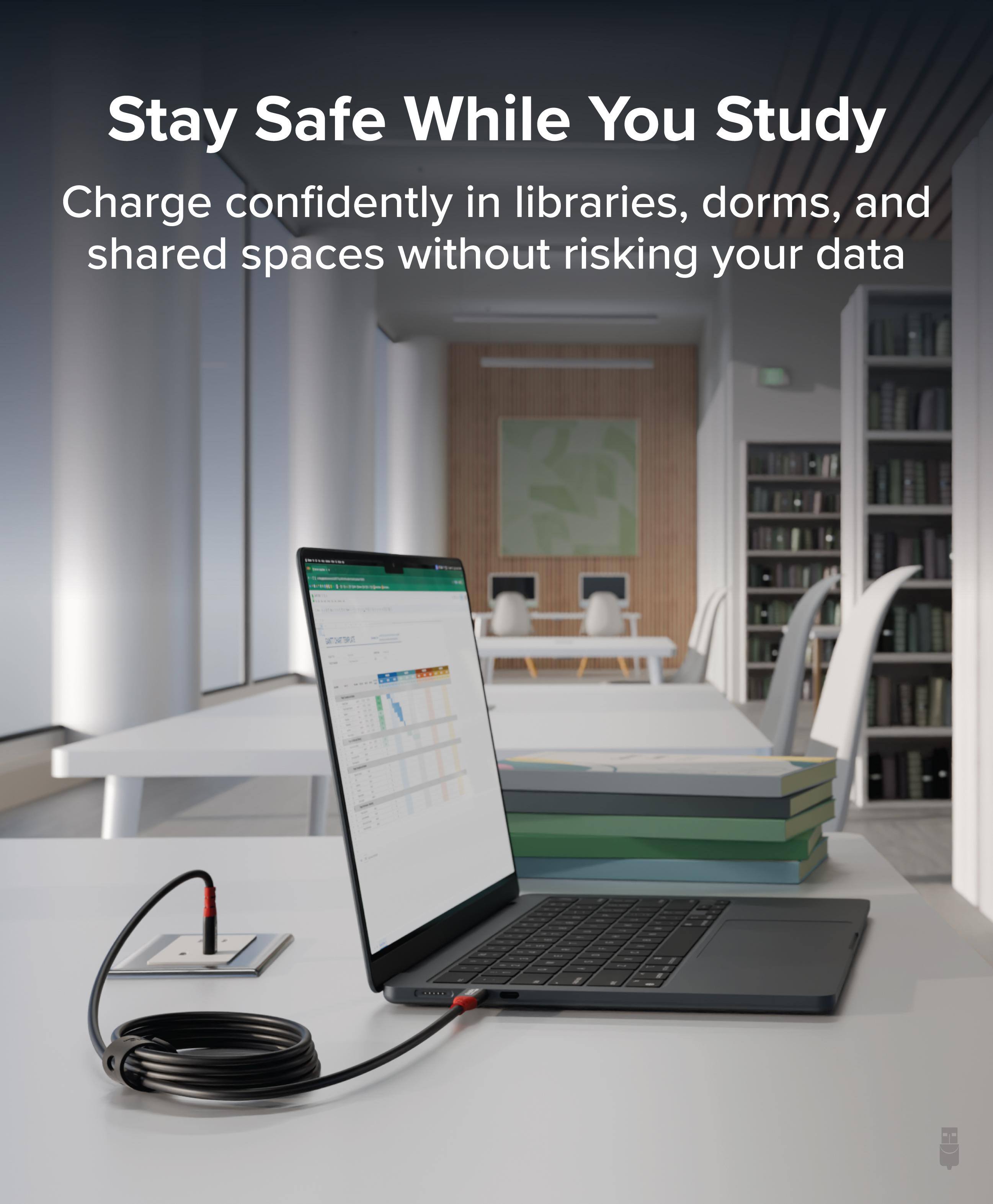 Stay Safe While You Study

Charge confidently in libraries, dorms, and shared spaces without risking your data