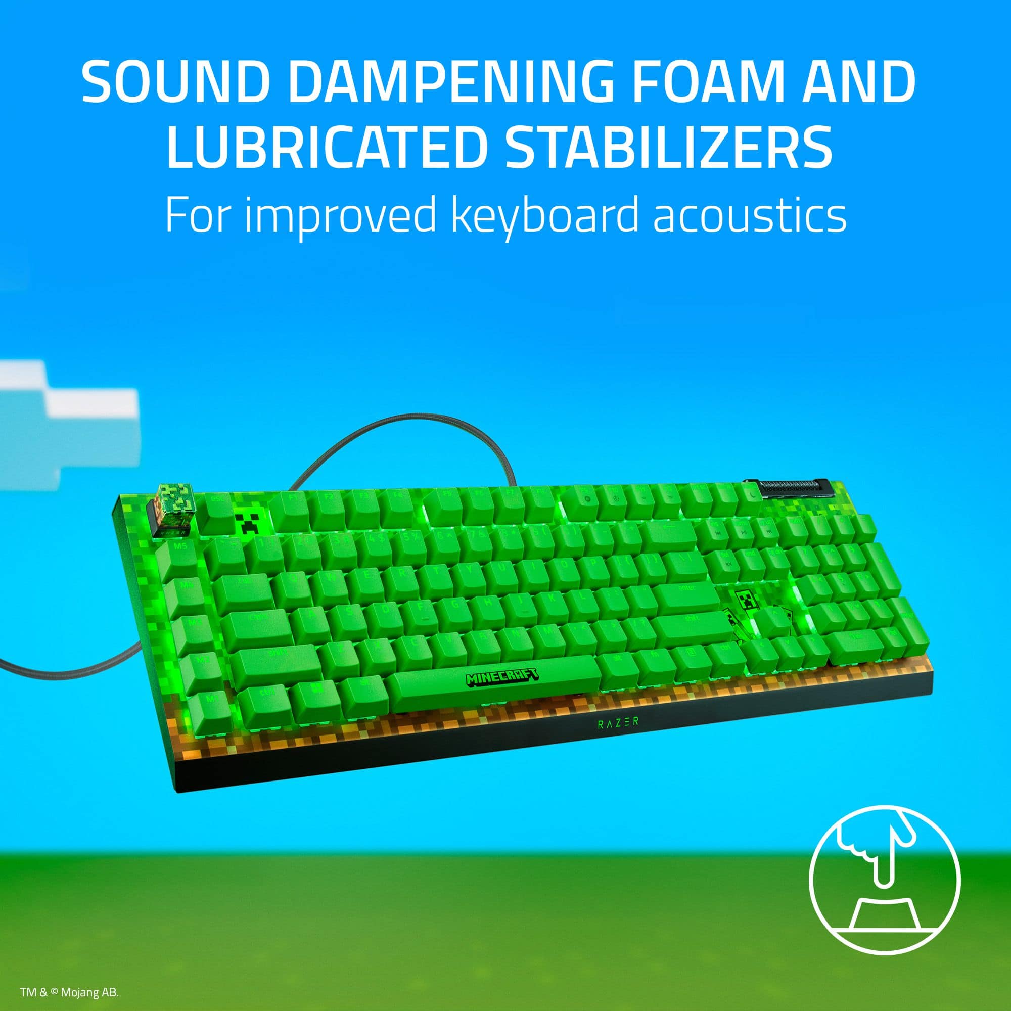 SOUND DAMPENING FOAM AND LUBRICATED STABILIZERS FOR IMPROVED KEYBOARD ACOUSTICS - X - MINECRAFT RAZER TM & e Mojang.