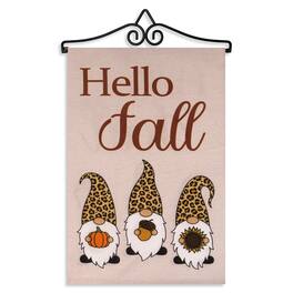 G128 - Combo Pack Garden Flag Hanger 14.2 in & Hello Fall 3 Gnomes 12x18 in Double-Sided Printed Burlap Flag - Beige