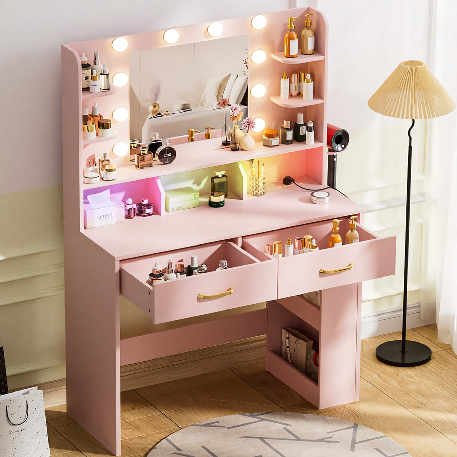 CloudRest Pro - Vanity Desk with Power Outlet Vanity Table RGB LED Lights Makeup Vanity Set - Pink