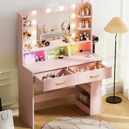 CloudRest Pro - Vanity Desk with Power Outlet Vanity Table RGB LED Lights Makeup Vanity Set - Pink