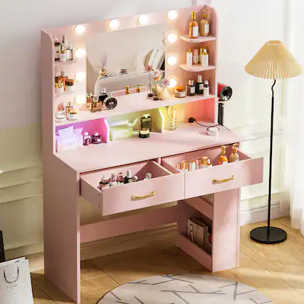 Front. CloudRest Pro - Vanity Desk with Power Outlet Vanity Table RGB LED Lights Makeup Vanity Set,Pink - Pink.