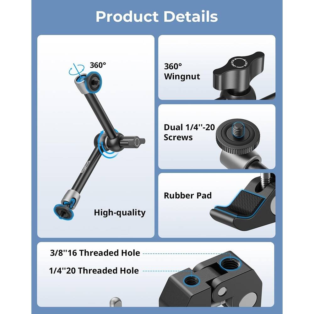 Product Details

- 360° Wingnut
- Dual 1/4"-20 Screws
- Rubber Pad
- High-quality
- 3/8"16 Threaded Hole
- 1/4"20 Threaded Hole