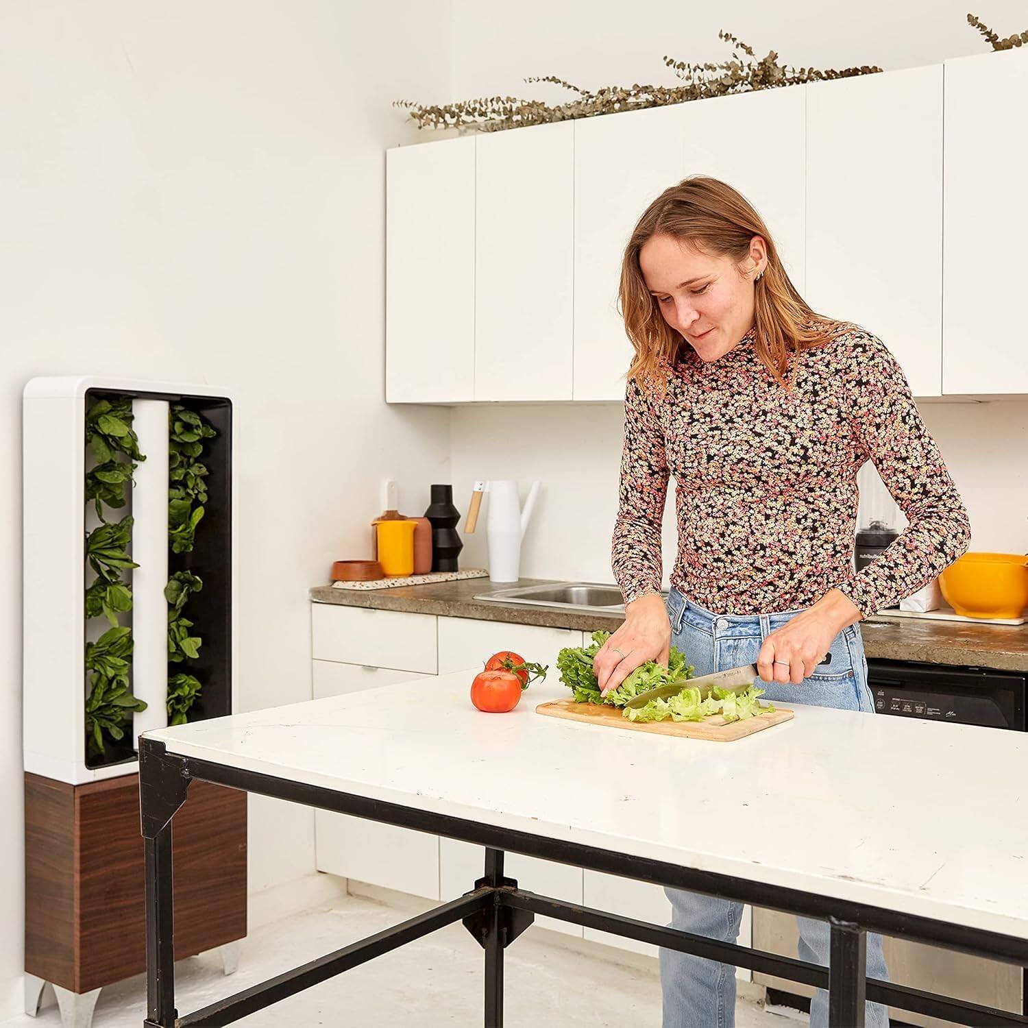 Alt View 8. Just Vertical - EVE Tower Garden | Hydroponic Growing System | Grow Fresh Herbs & Vegetables Year-Round | Fully Assembled - Walnut.