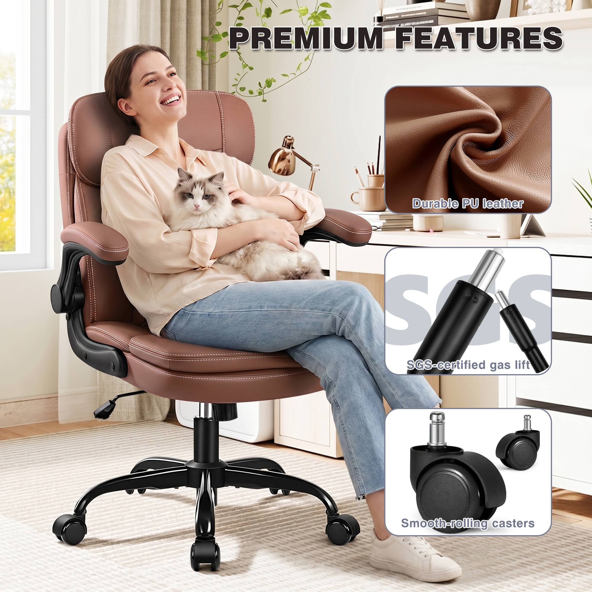 PREMIUM FEATURES

- Durable PU leather
- SGS-certified gas lift
- Smooth-rolling casters