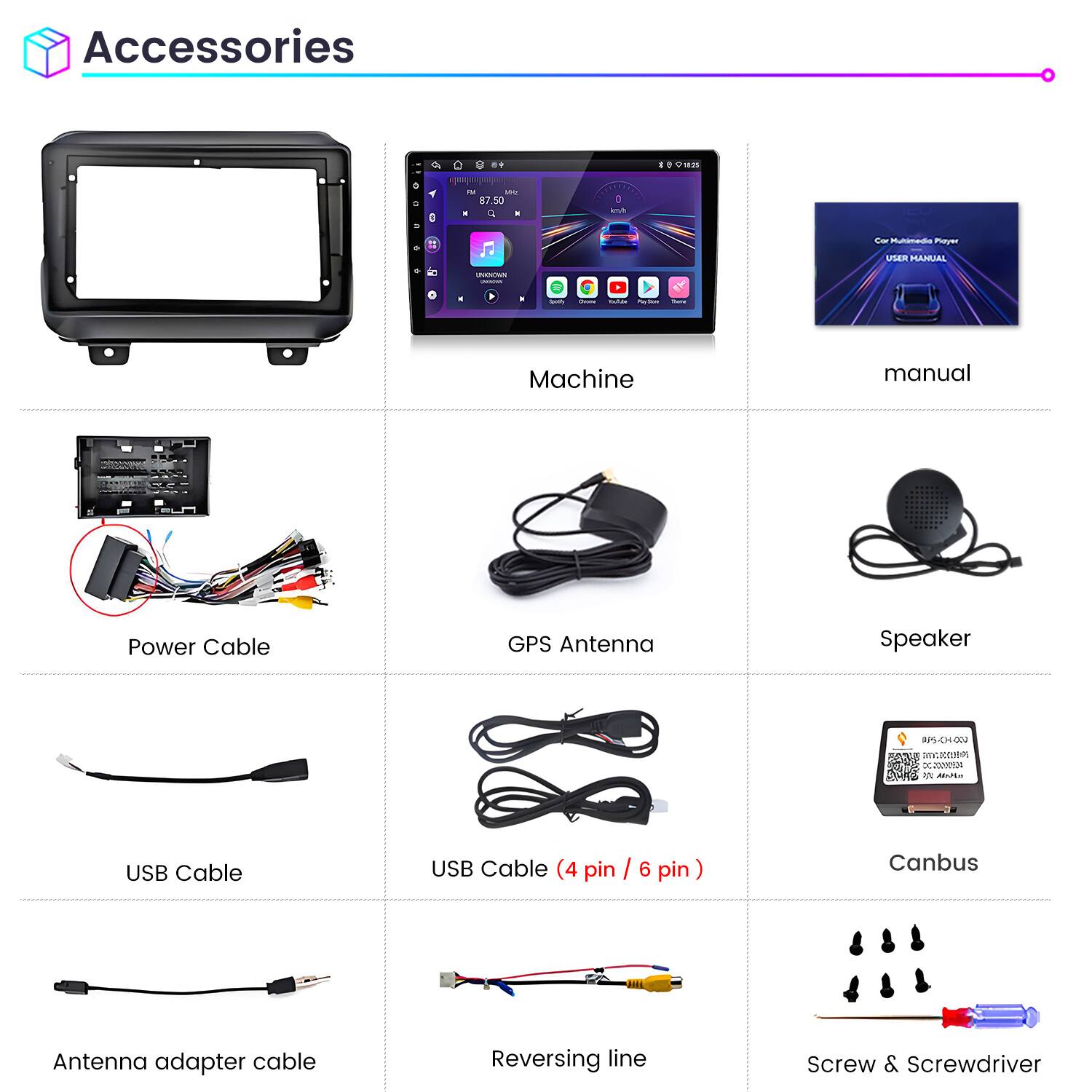 Accessories

- Machine
- Manual
- Power Cable
- GPS Antenna
- Speaker
- USB Cable
- USB Cable (4 pin / 6 pin)
- Canbus
- Antenna adapter cable
- Reversing line
- Screw & Screwdriver